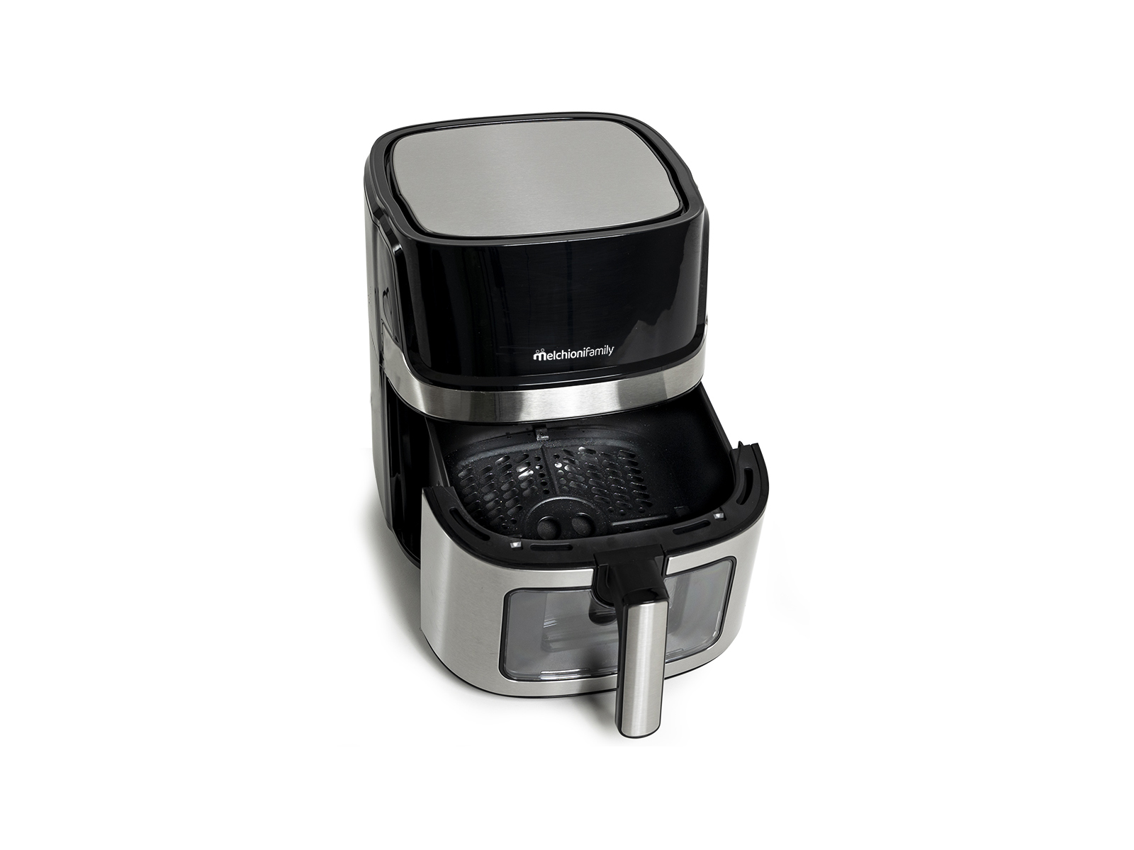 Czarna i srebrna frytkownica beztłuszczowa z otwartą szufladą, pokazująca kosz. Na białym tle.