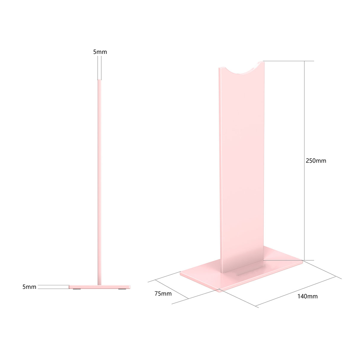 Rosa Acrylstand mit Maßangaben. Es hat eine Basis und eine hohe, gebogene Stütze zum Halten eines Gegenstandes.