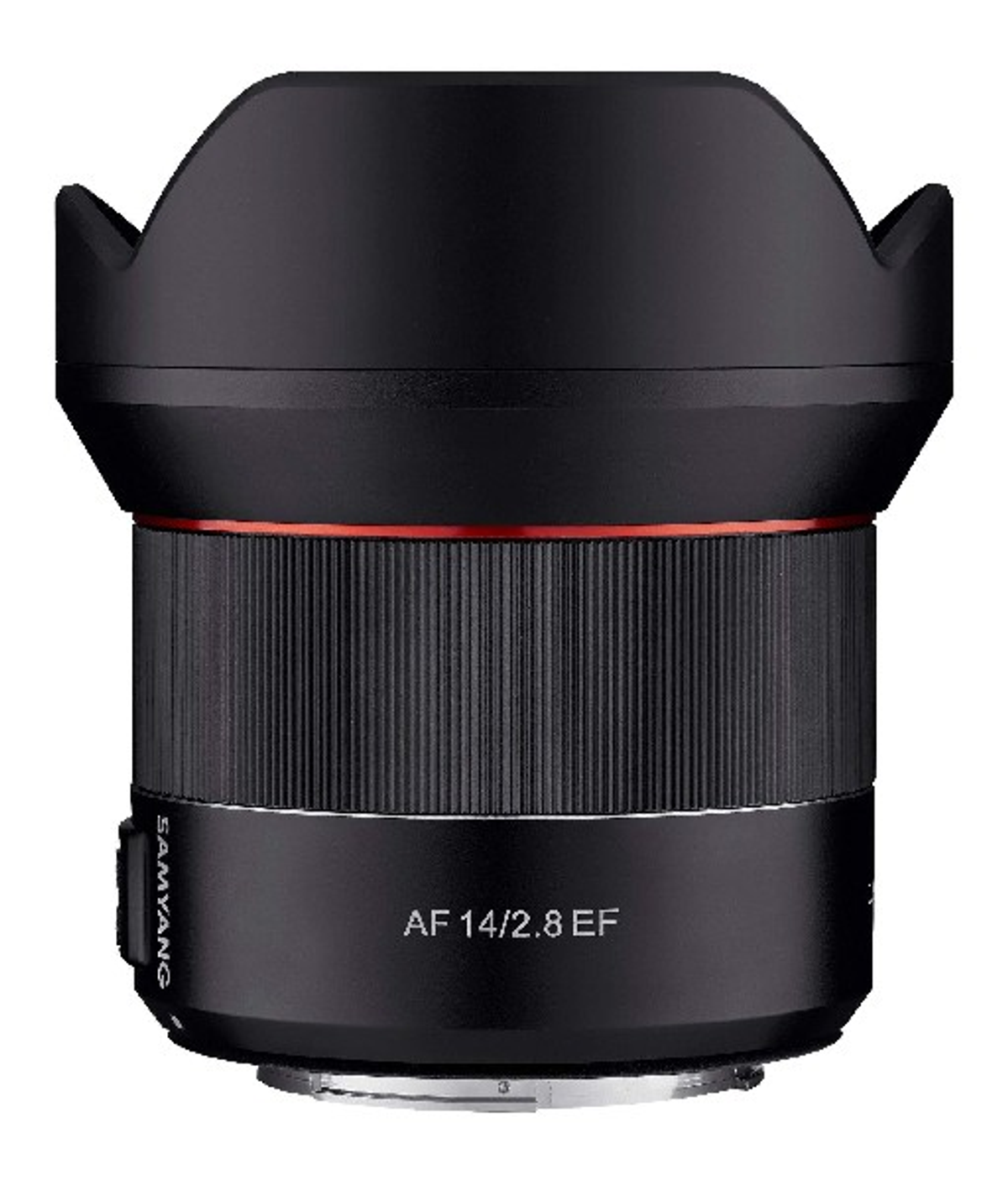 Czarny obiektyw aparatu z czerwonym pierścieniem i tekstem 'AF 14/2.8 EF'.
