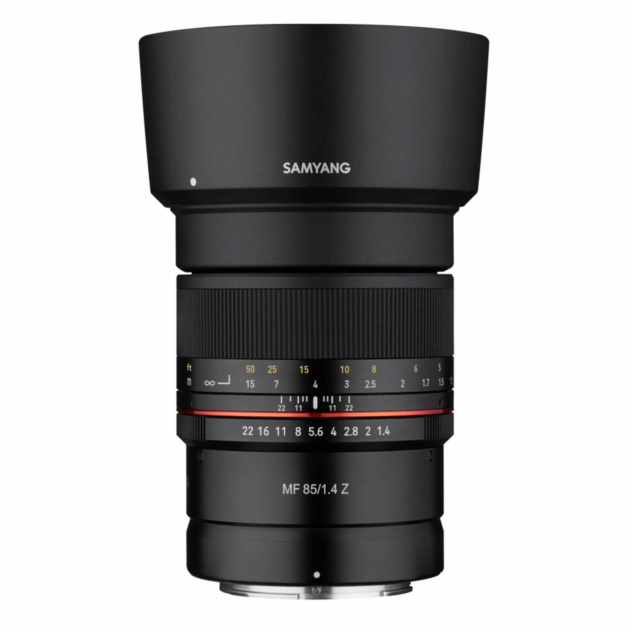 Ein schwarzes Samyang MF 85mm f/1.4 Z Objektiv. Objektiv hat Fokus- und Blendenringe.