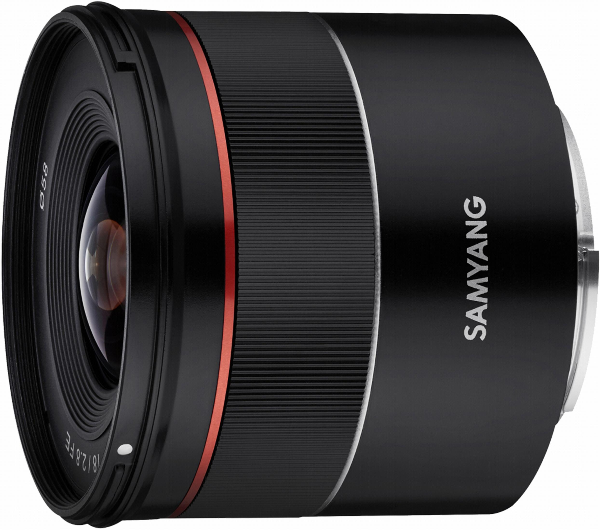 Ein schwarzes Kameraobjektiv mit rotem Ring, beschriftet mit 'Samyang' und '18/2.8 FE'.
