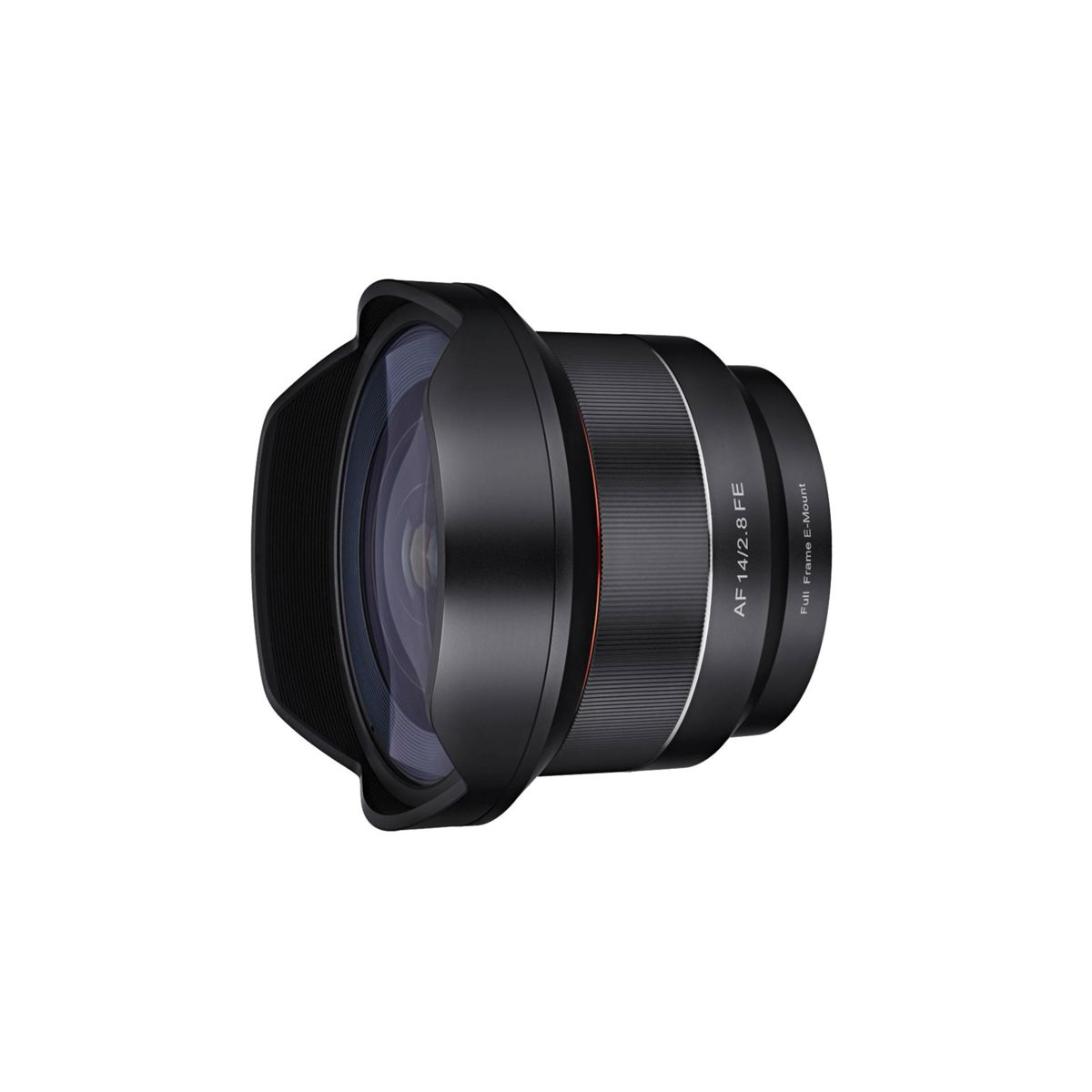 Schwarzes Kameraobjektiv. Weitwinkelobjektiv mit Gegenlichtblende. E-Mount beschriftet.