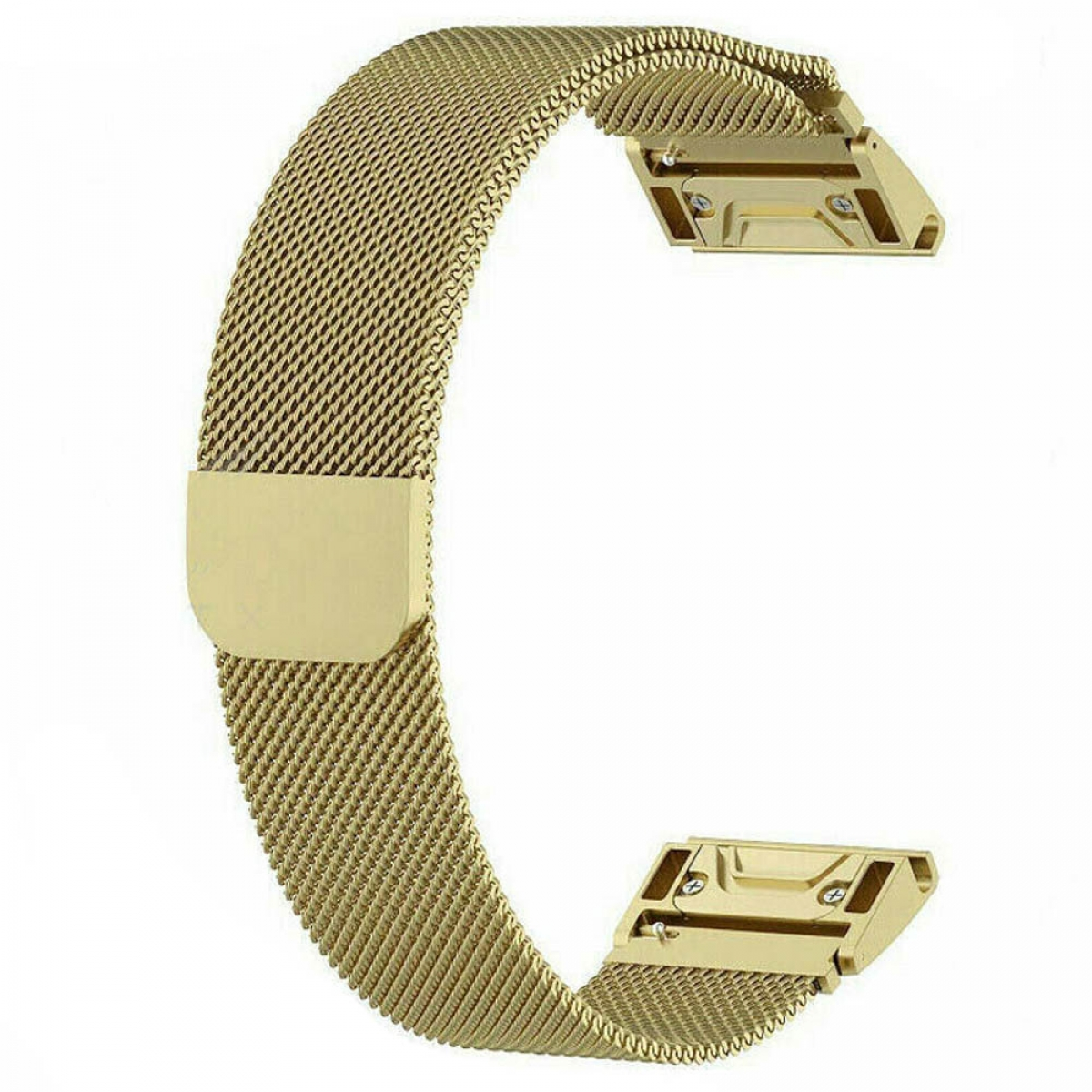 Goldenes Uhrenarmband mit Mesh-Design. Das Armband hat goldene Anschlüsse an jedem Ende. Gold.