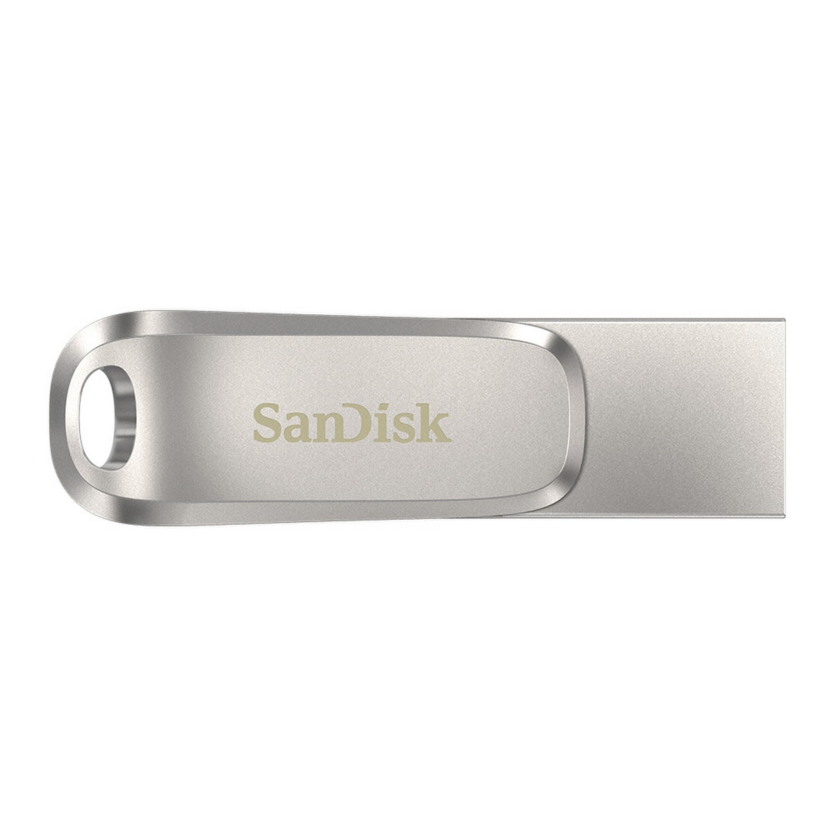Srebrny pendrive Sandisk na białym tle.