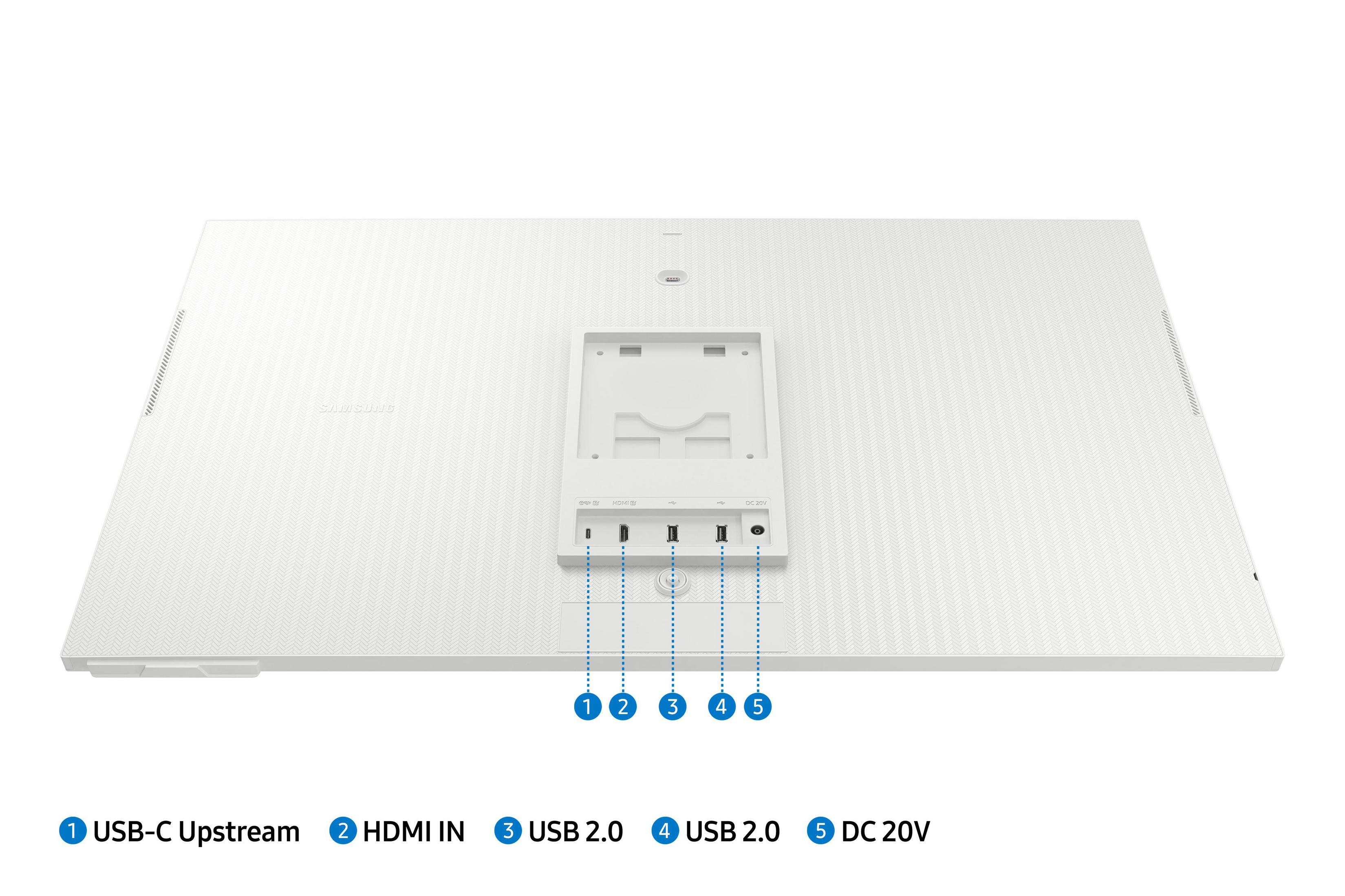 Retro del monitor bianco con porte etichettate: USB-C, HDMI, USB 2.0 (x2) e DC 20V. Sfondo bianco.