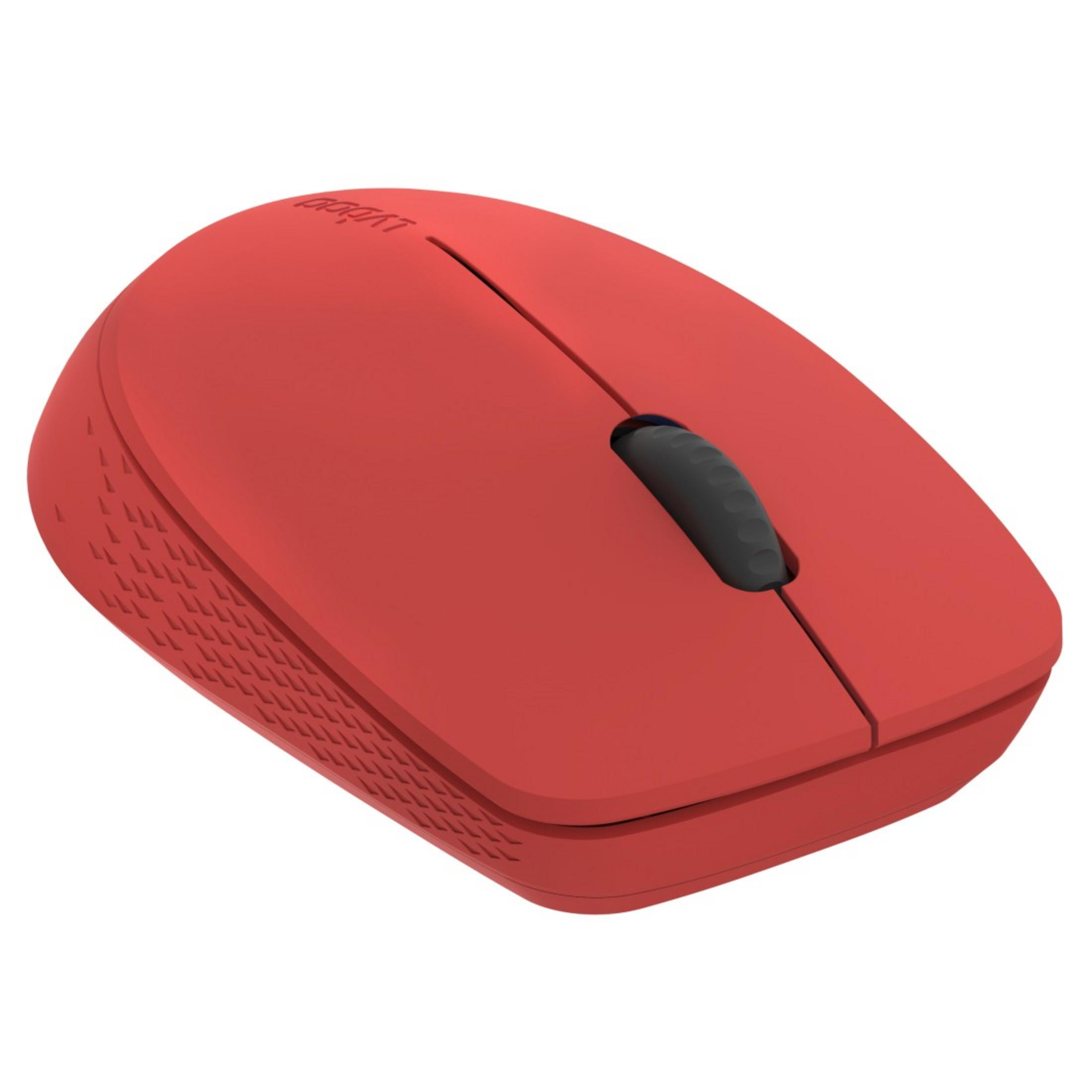 Czerwona bezprzewodowa mysz komputerowa z czarnym kółkiem przewijania na białym tle.