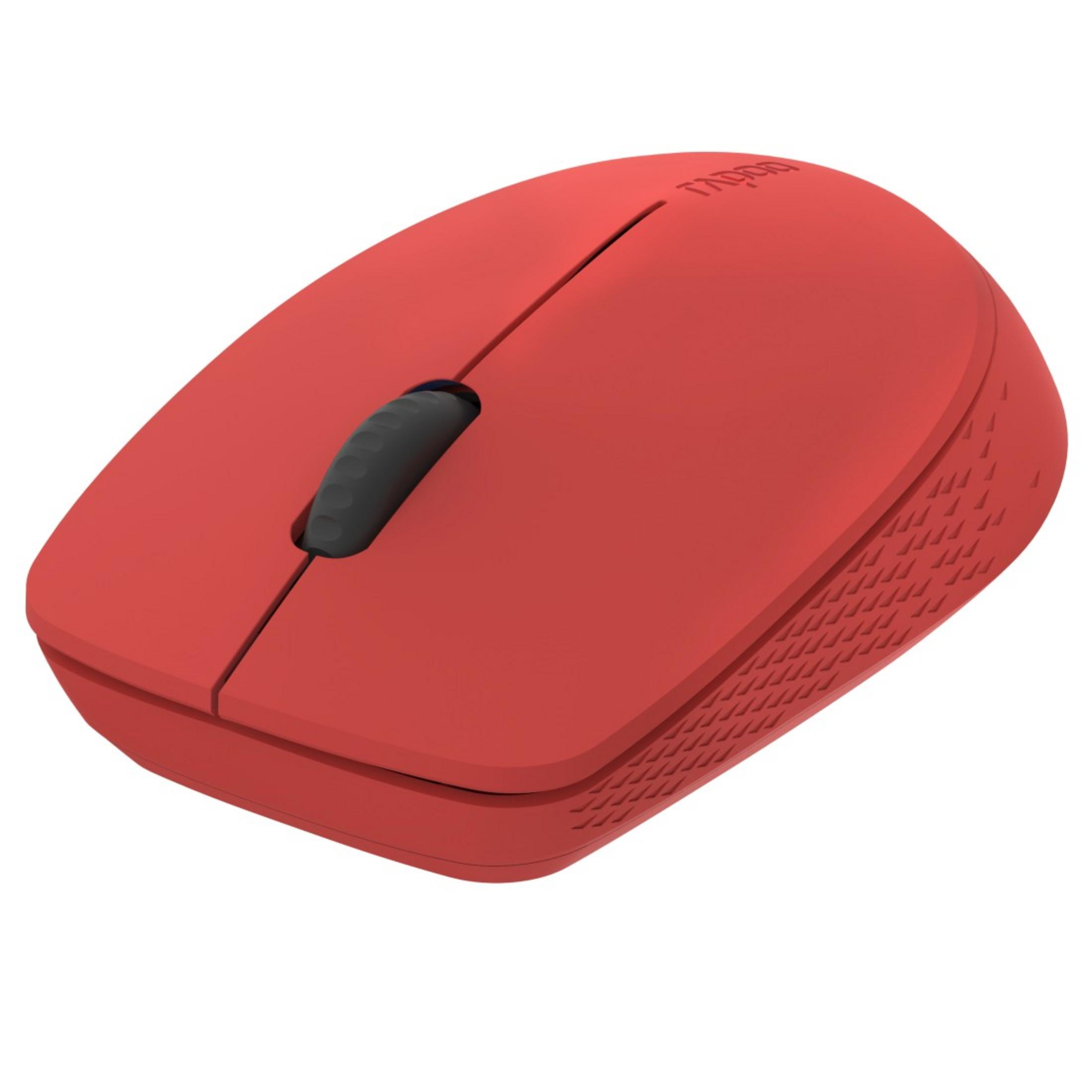 Czerwona mysz komputerowa, widok z góry, z czarnym kółkiem przewijania.