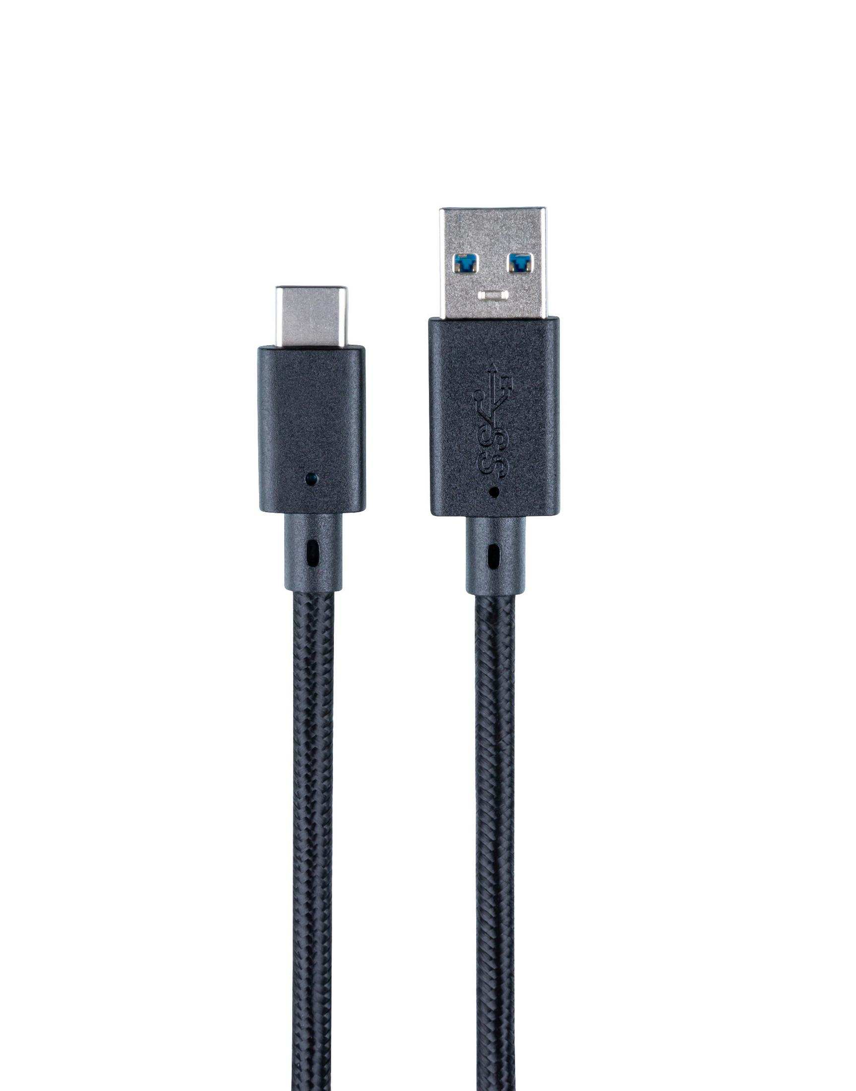 Dwa czarne kable USB-C obok siebie. Jeden ma złącze USB-C, drugi USB-A.