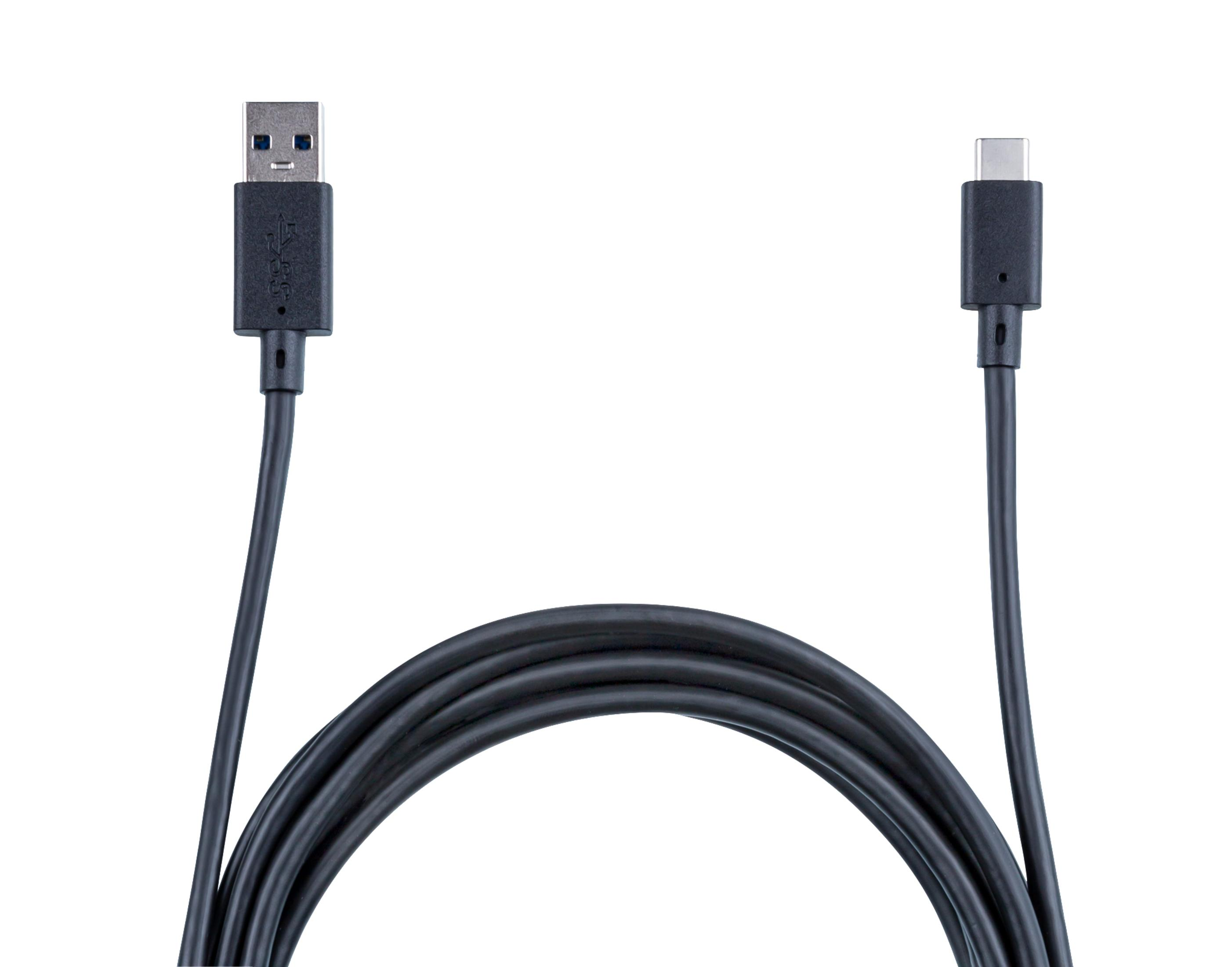 Czarny kabel USB-A do USB-C, zwinięty, na białym tle.