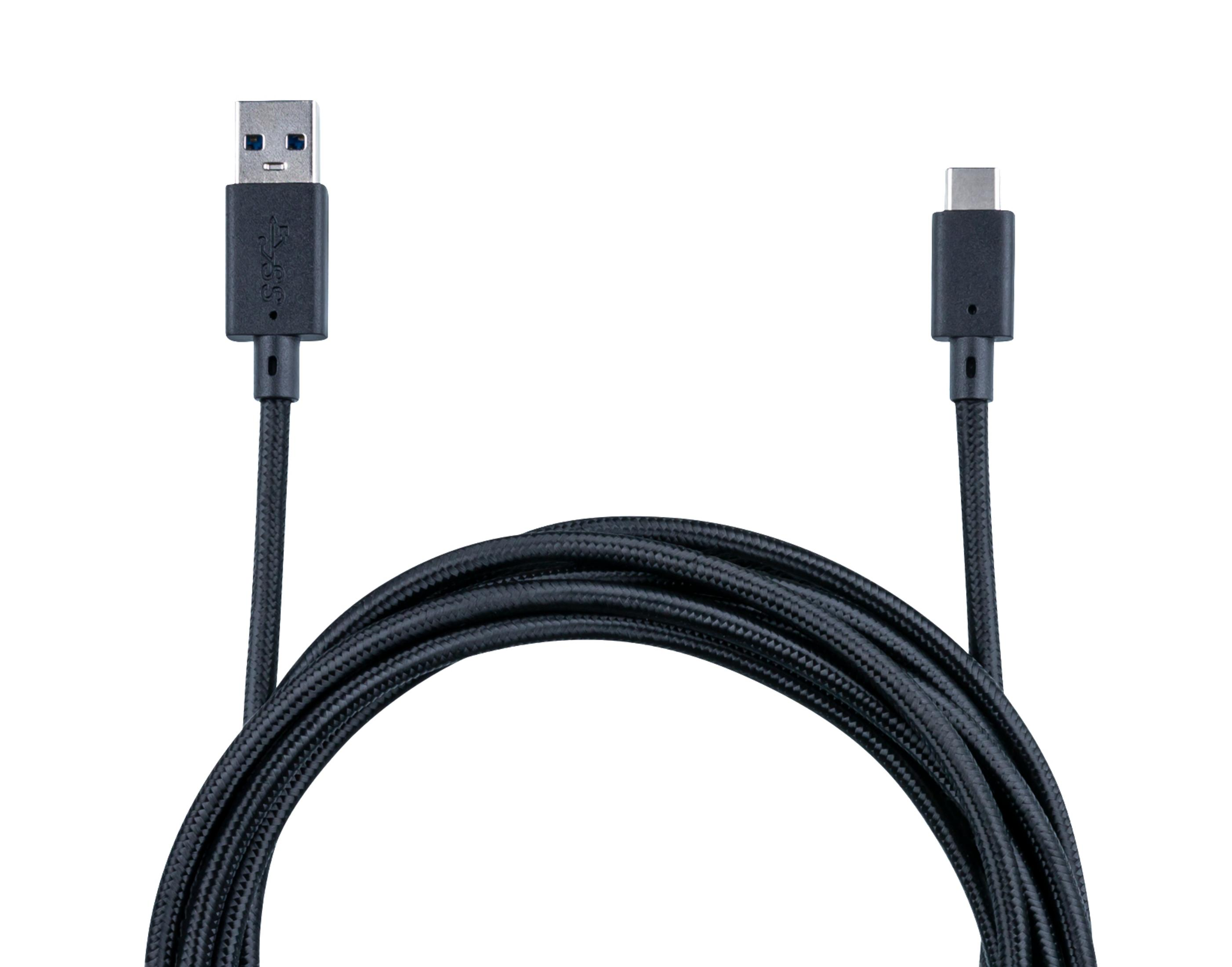 Czarny kabel USB ze złączem USB-A i USB-C. Białe tło.
