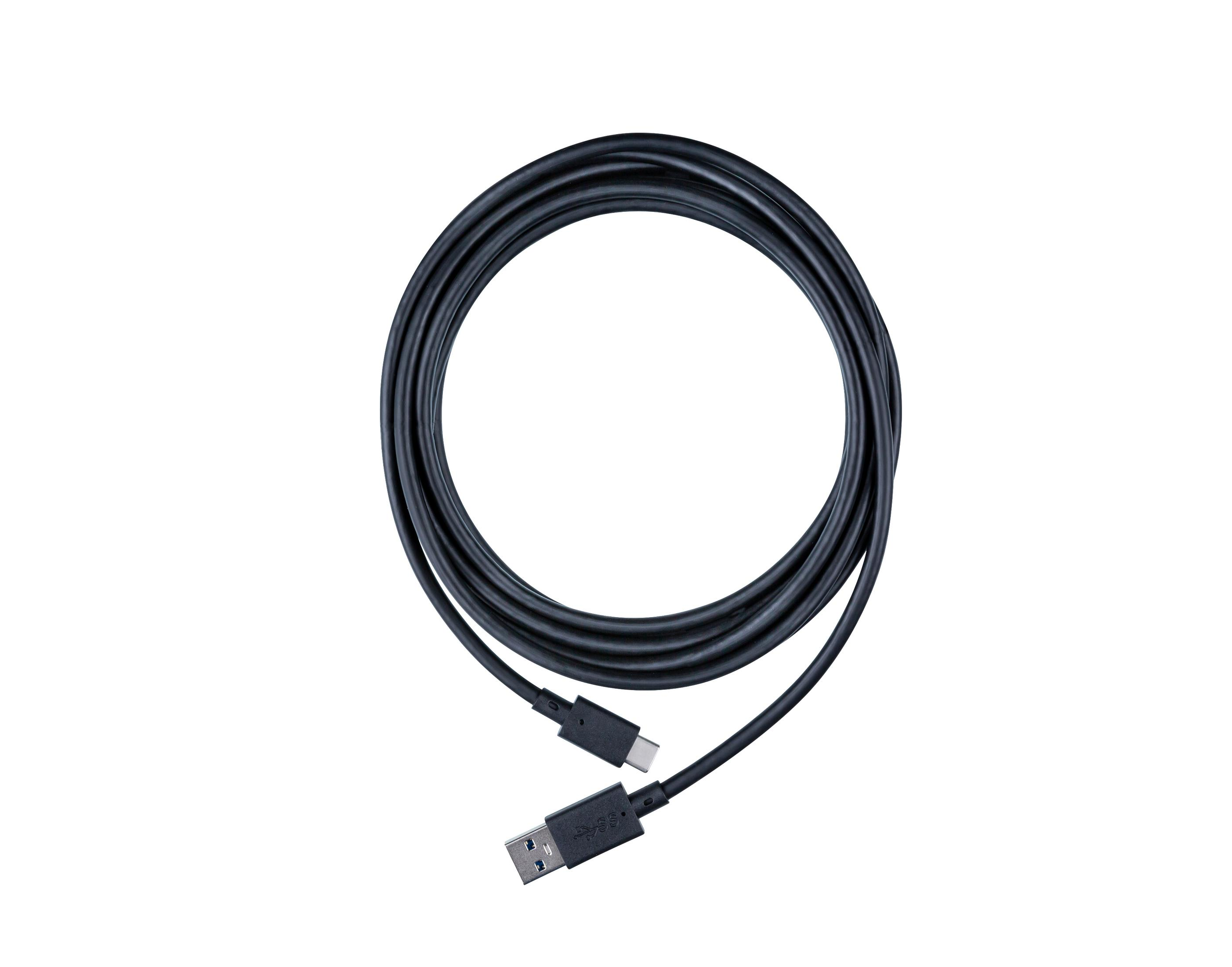 Czarny kabel USB-A do USB-C, zwinięty, na białym tle.