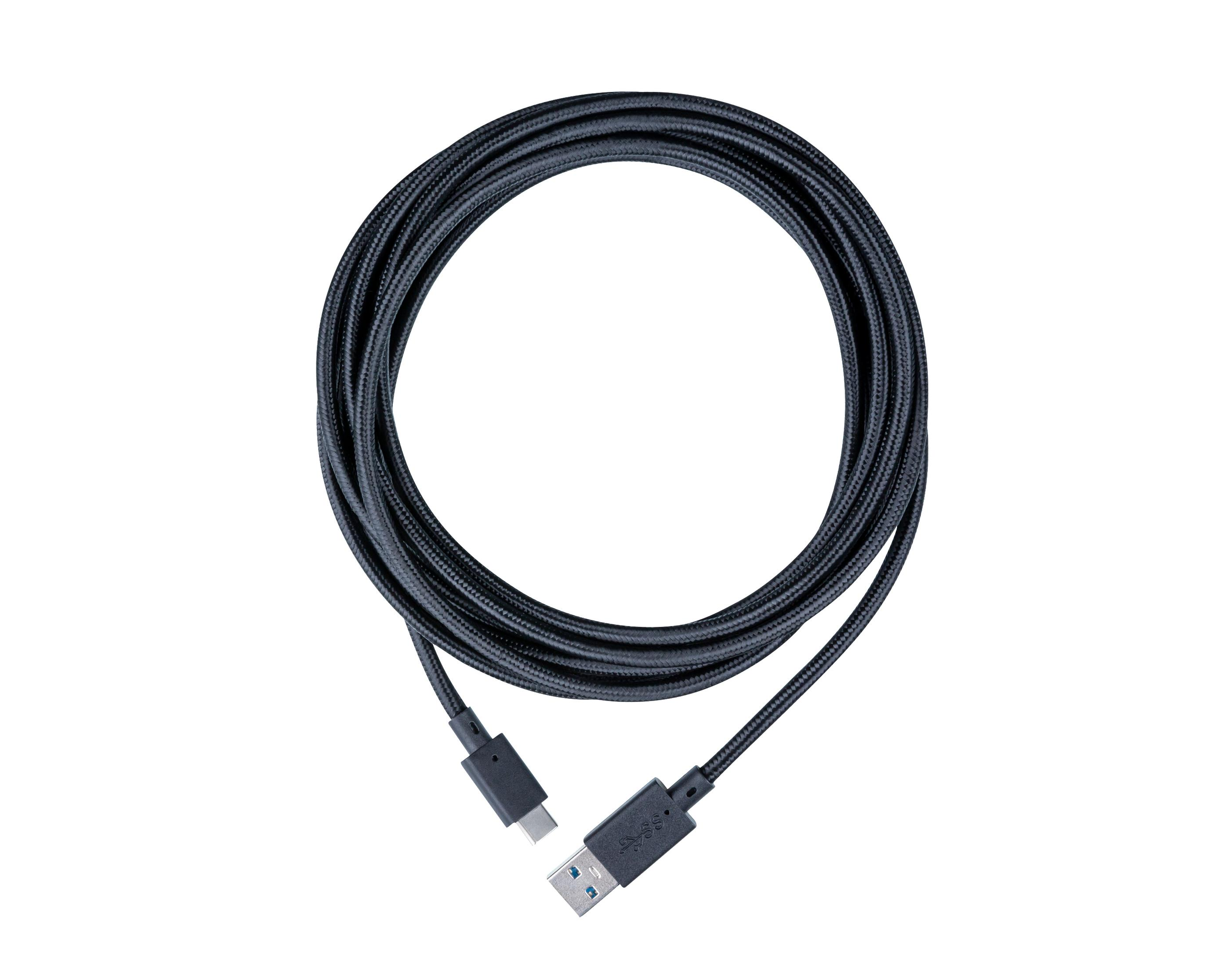Czarny kabel USB-C do USB-A na białym tle.