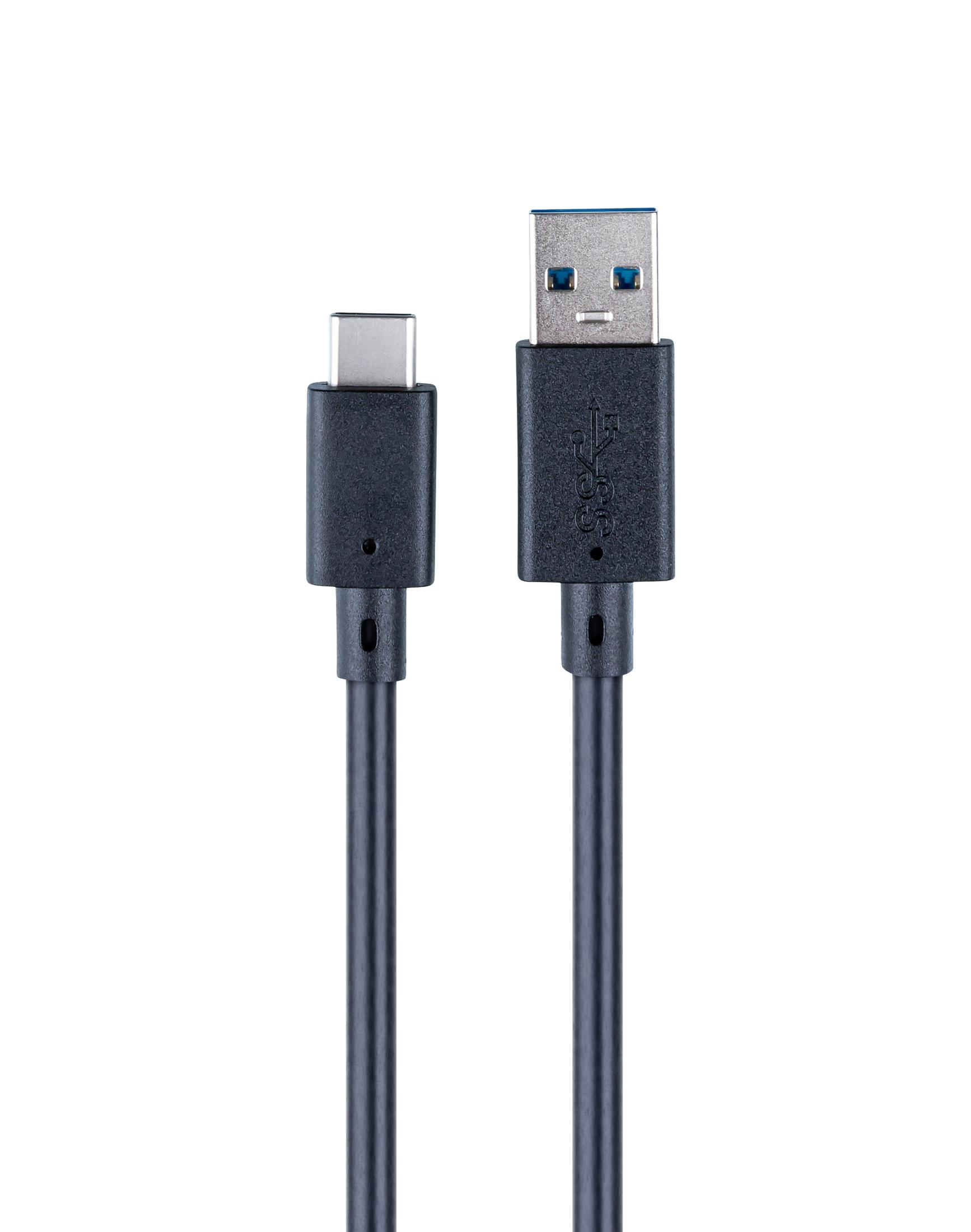 Czarny kabel USB-C i kabel USB-A pokazane obok siebie na białym tle.