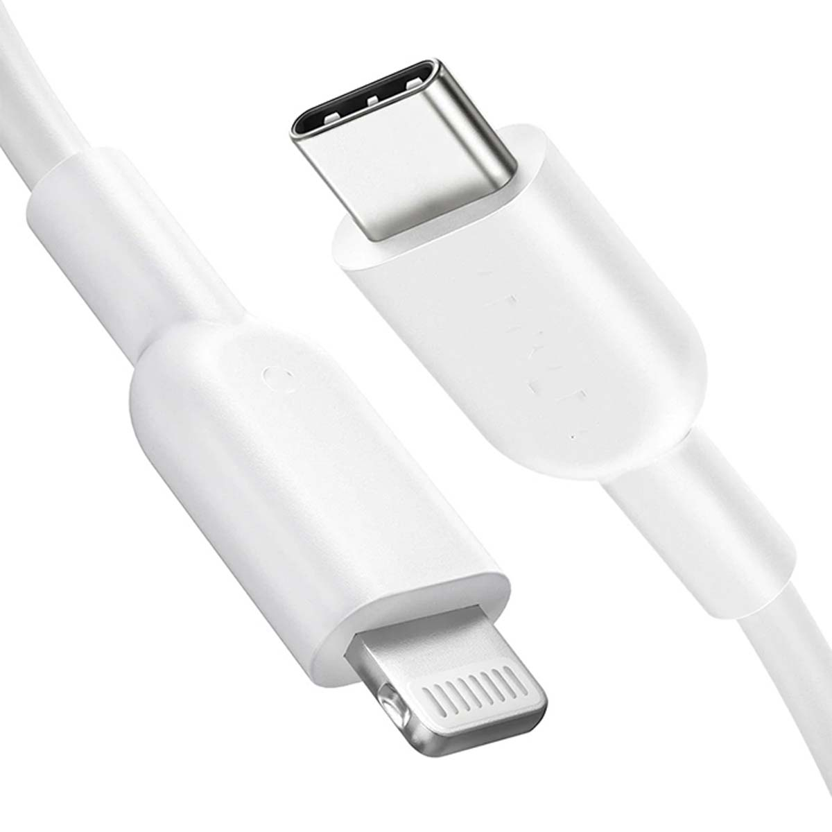 Cable de carga blanco con un conector USB-C y un conector Lightning.