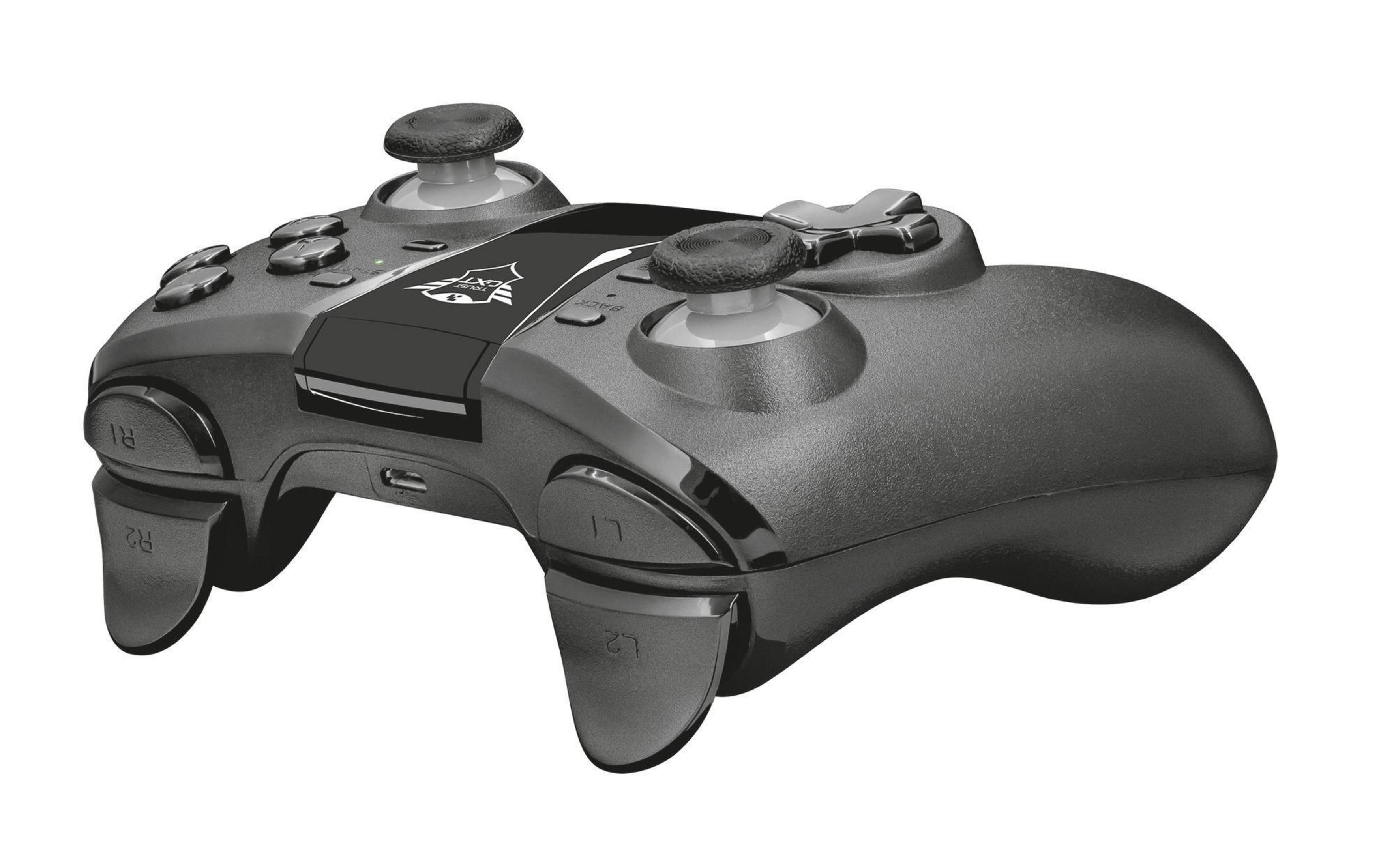 Controller di gioco nero con più pulsanti, due joystick e sfondo bianco.