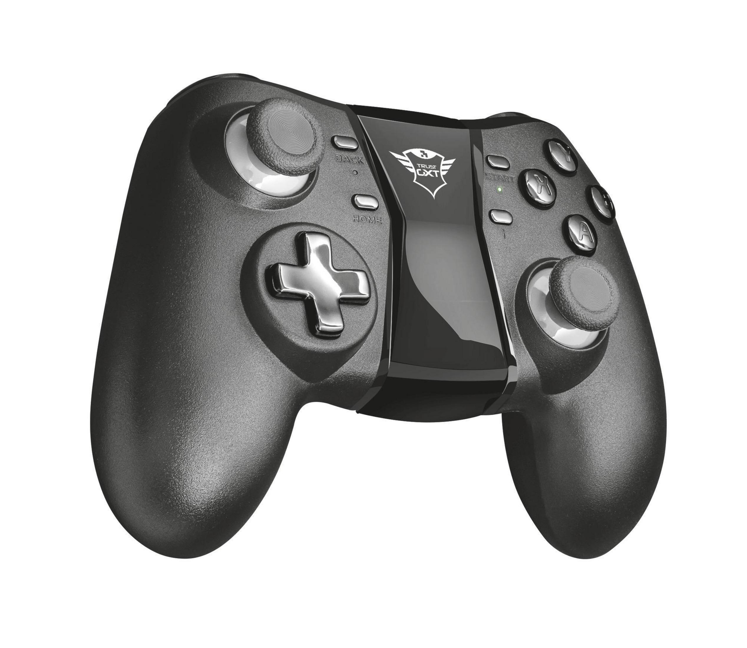 Controller di gioco nero con più pulsanti e logo Trustmaster su sfondo bianco.
