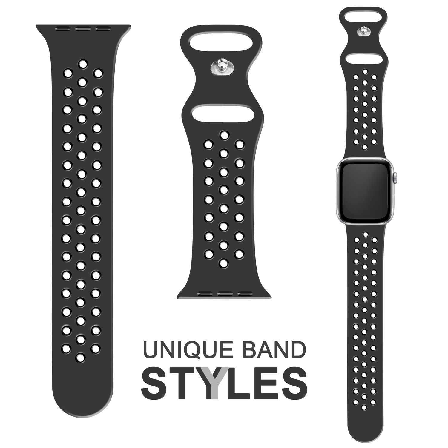 Schwarze Uhrenarmbänder mit Löchern und Text UNIQUE BAND STYLES.