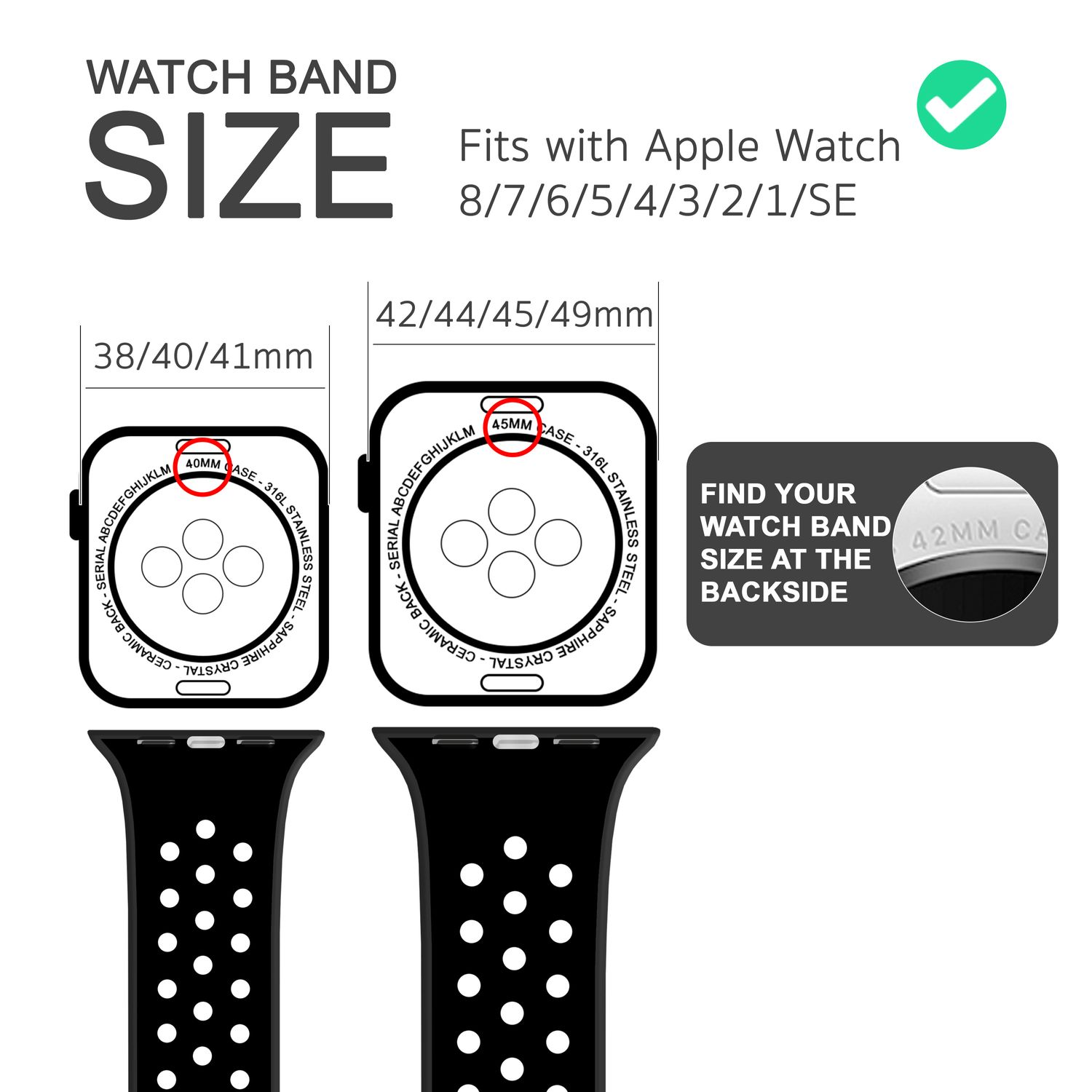 Eine Armbandgrößenübersicht mit Uhren- und Banddiagrammen und Größenangaben.
