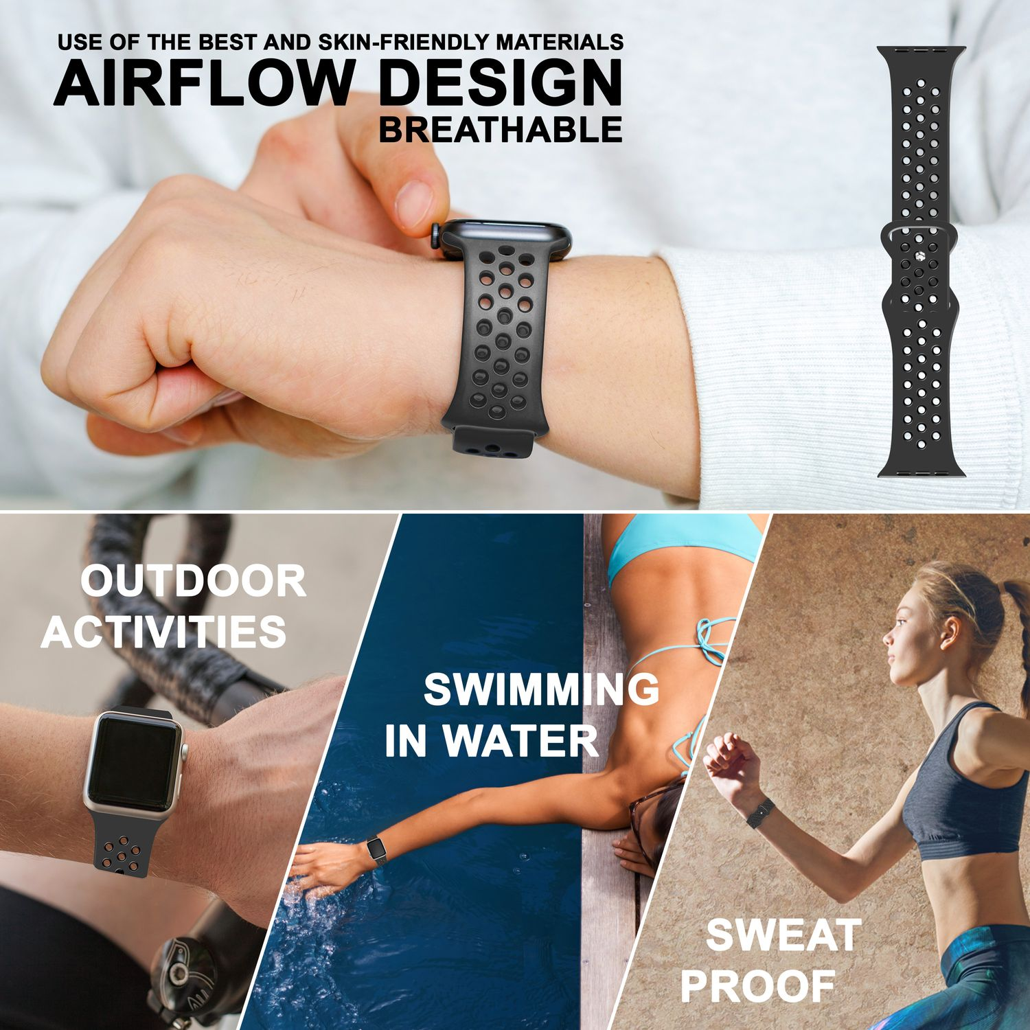 NALIA Airflow Armband, Silikon Grau Smart-Watch Watch Ersatzarmband, 38mm/40mm/41mm, Schwarz Apple, Apple