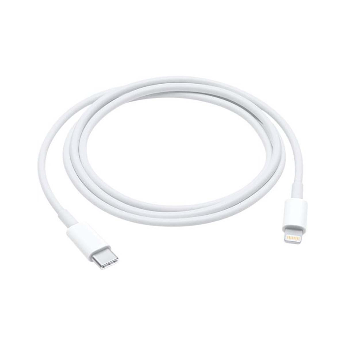 Cable de carga blanco con conectores USB-C y Lightning, fondo blanco.
