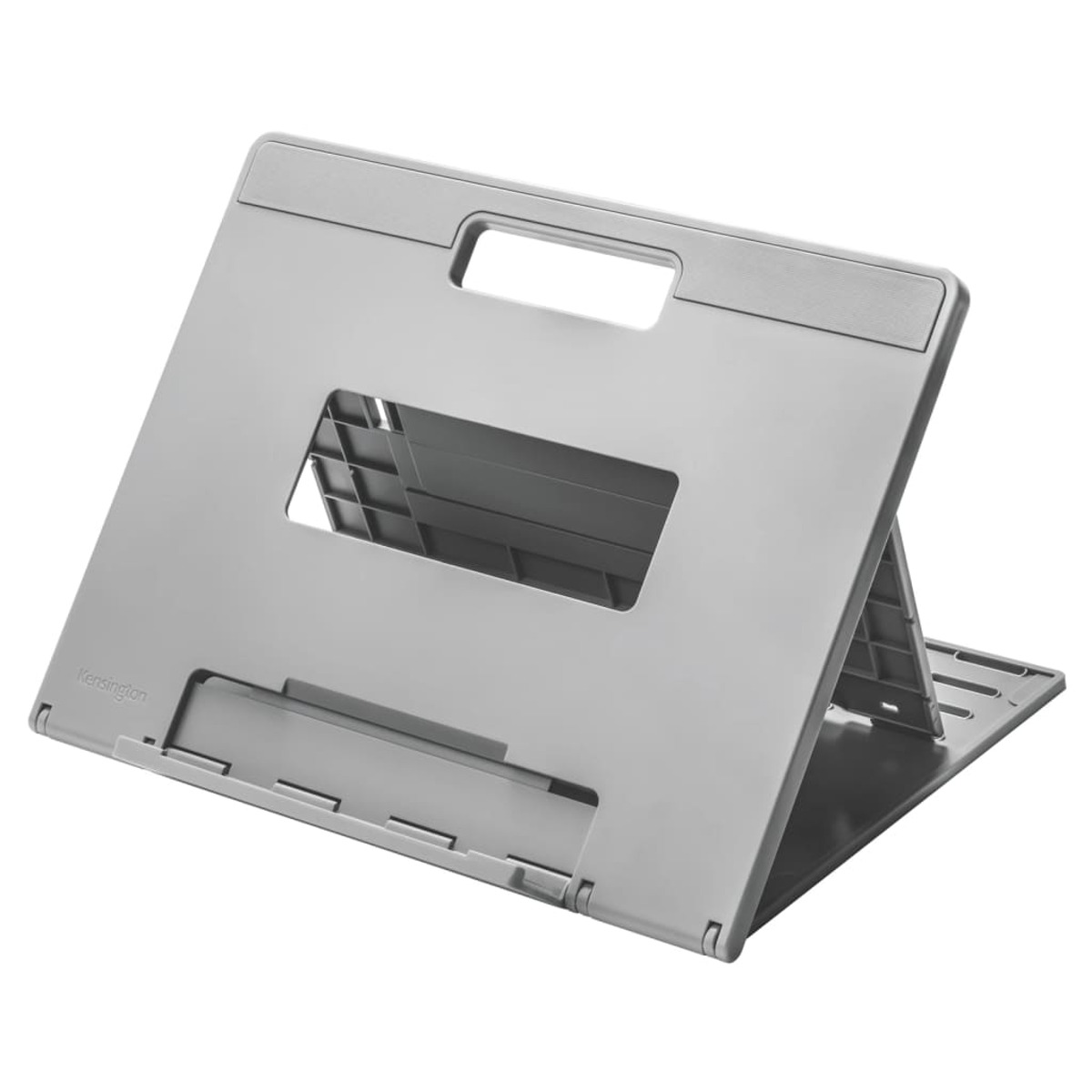 Un supporto per laptop grigio, aperto ad angolo, con una maniglia e un ritaglio al centro.