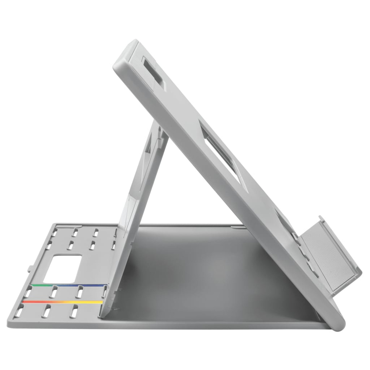 Un supporto per laptop grigio è aperto, con un righello.