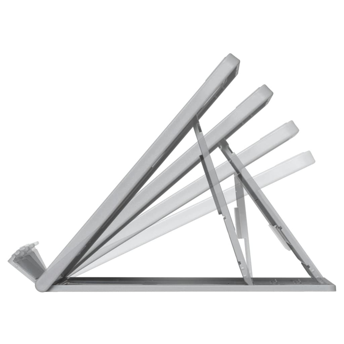 Supporto per tablet grigio in diverse angolazioni. Il tablet non è visibile.