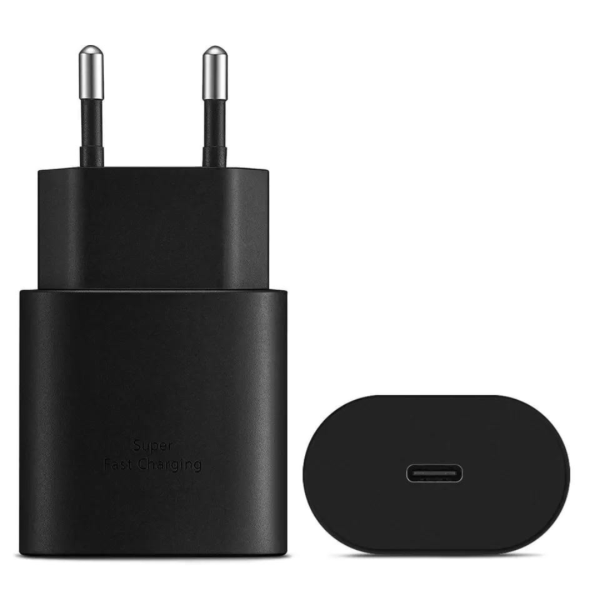 Ein schwarzes Ladegerät und ein USB-C-Ladeanschluss.