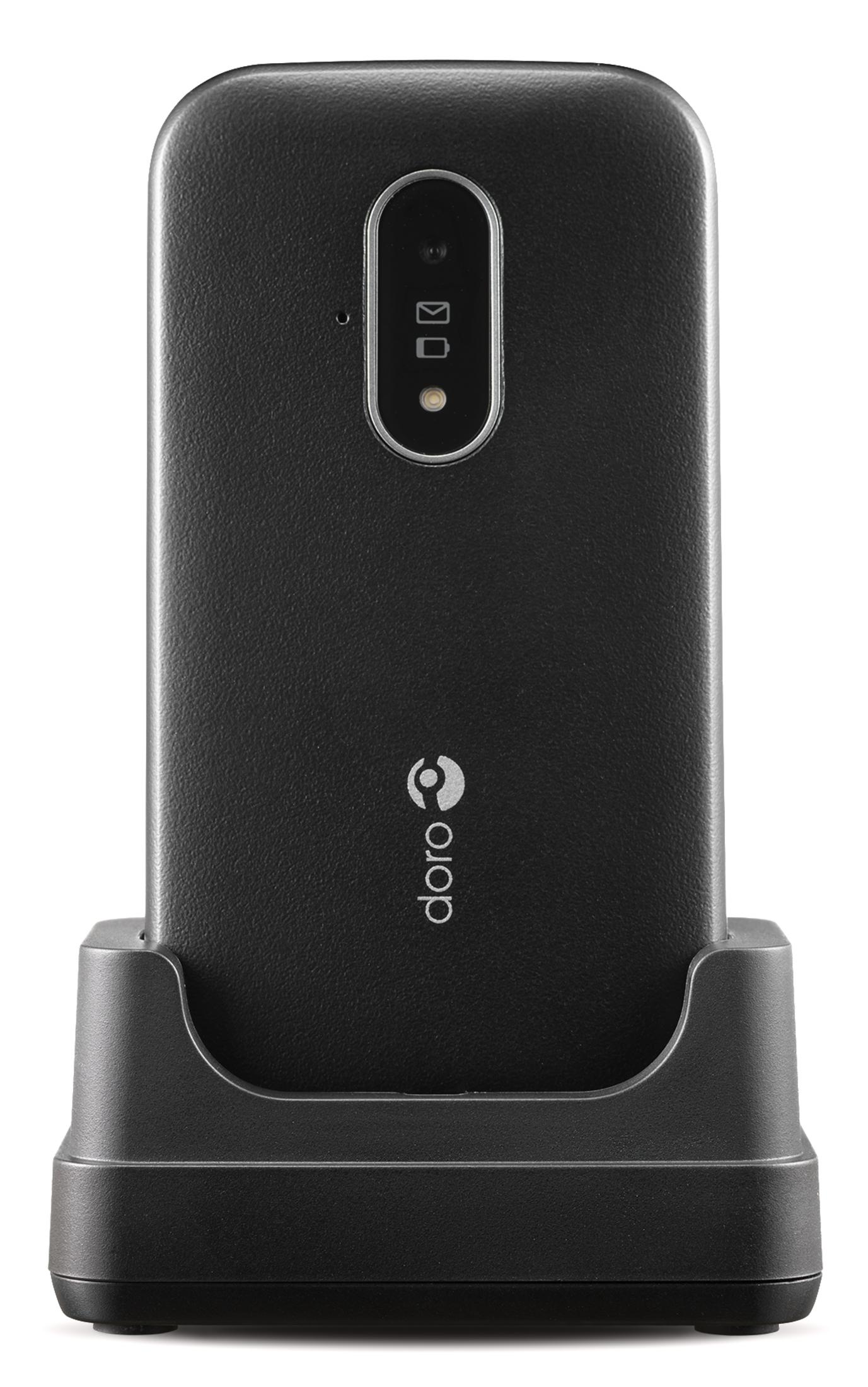 Czarny tył telefonu z aparatem i ekranem, na stacji ładującej. Marka "doro" na dole.