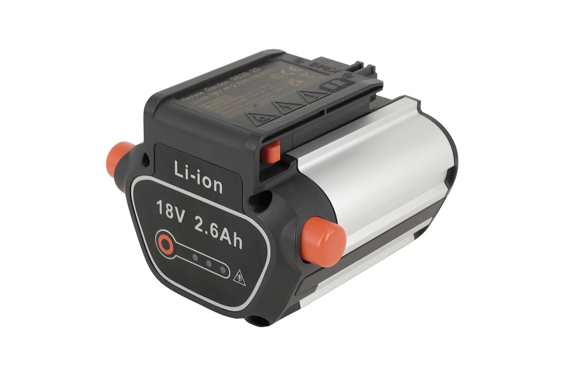 Schwarz-silberner Akku mit orangefarbenen Akzenten. Weißer Hintergrund. Li-Ion 18V 2,6Ah.