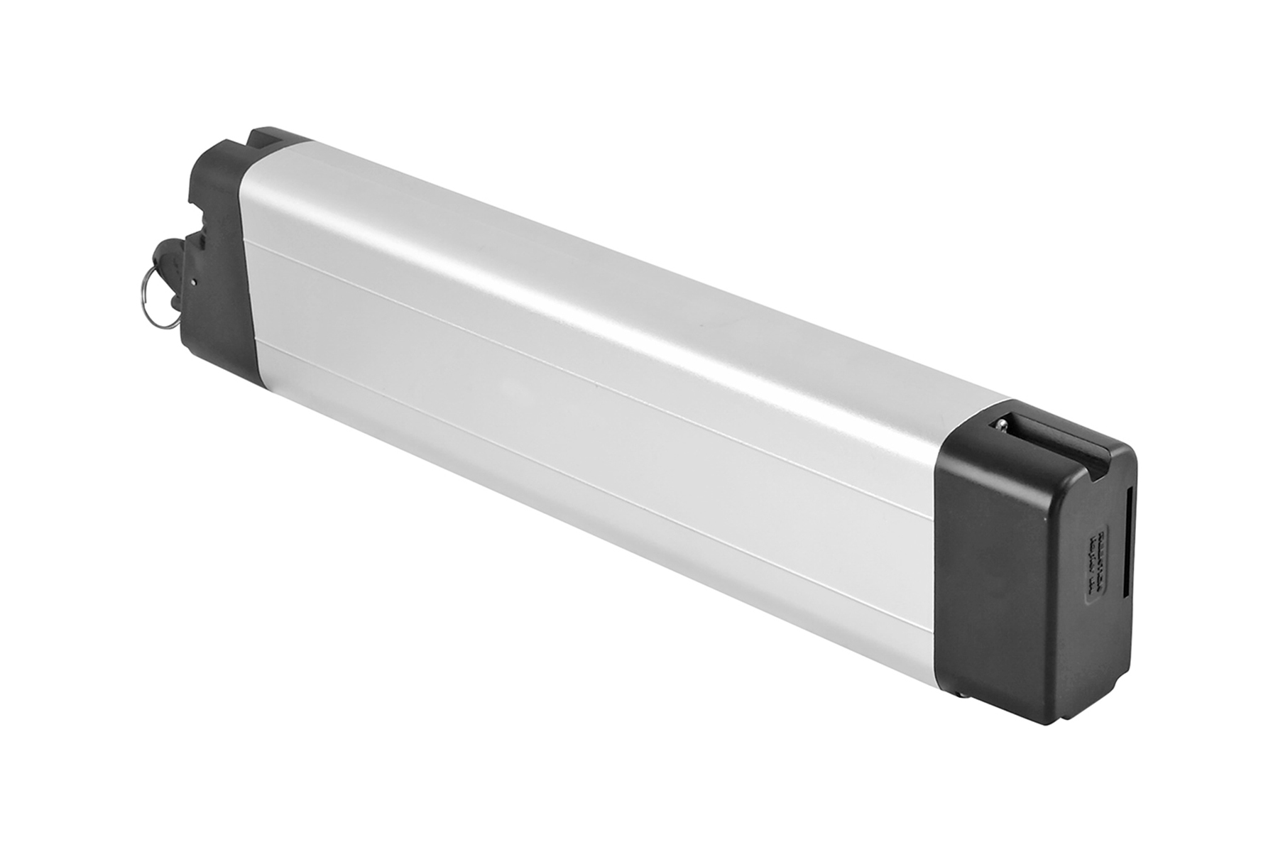 Silber-schwarze rechteckige Batterie, isoliert auf weißem Hintergrund.