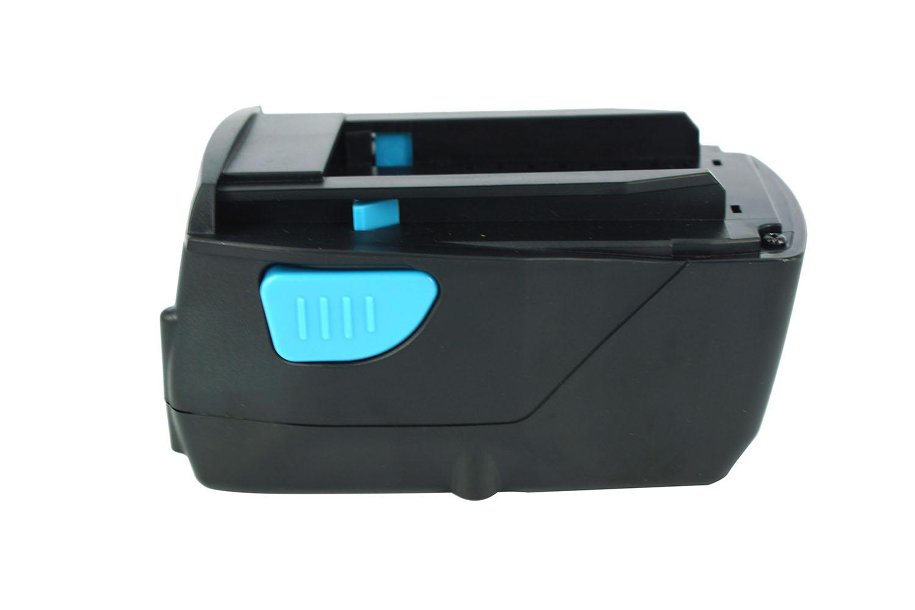 Eine schwarze Batterie mit blauem Knopf, isoliert auf weißem Hintergrund.