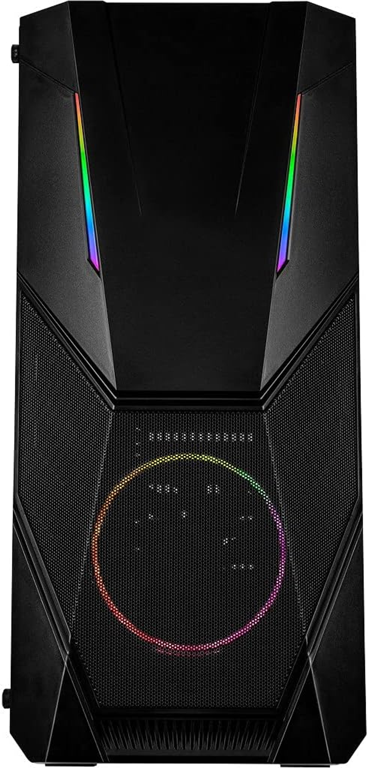 Ein schwarzes Computergehäuse mit RGB-Beleuchtung auf der Vorderseite und oben.