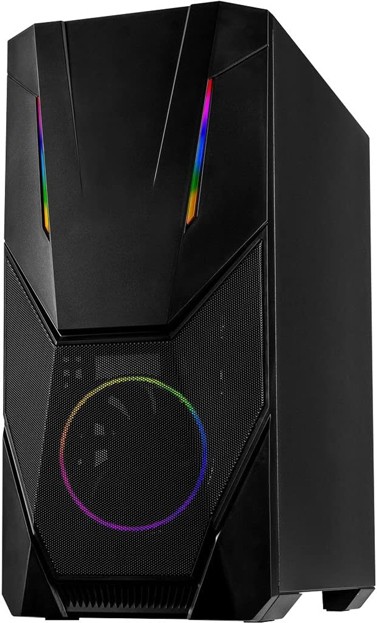 Schwarzes PC-Gehäuse mit RGB-Lichtern und Mesh-Frontplatte.
