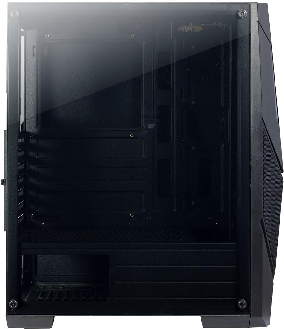 Schwarzes Computergehäuse mit Glasseitenwand. Das Innere ist leer, mit einigen Komponenten.