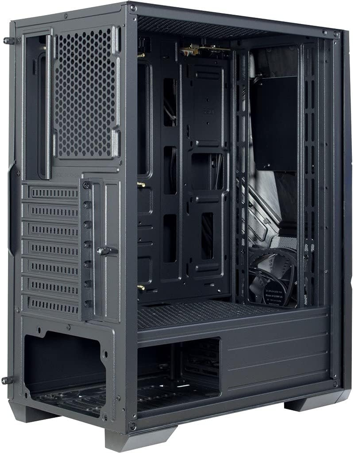 Ein offenes Computergehäuse. Es ist schwarz und hat viele Komponenten im Inneren.