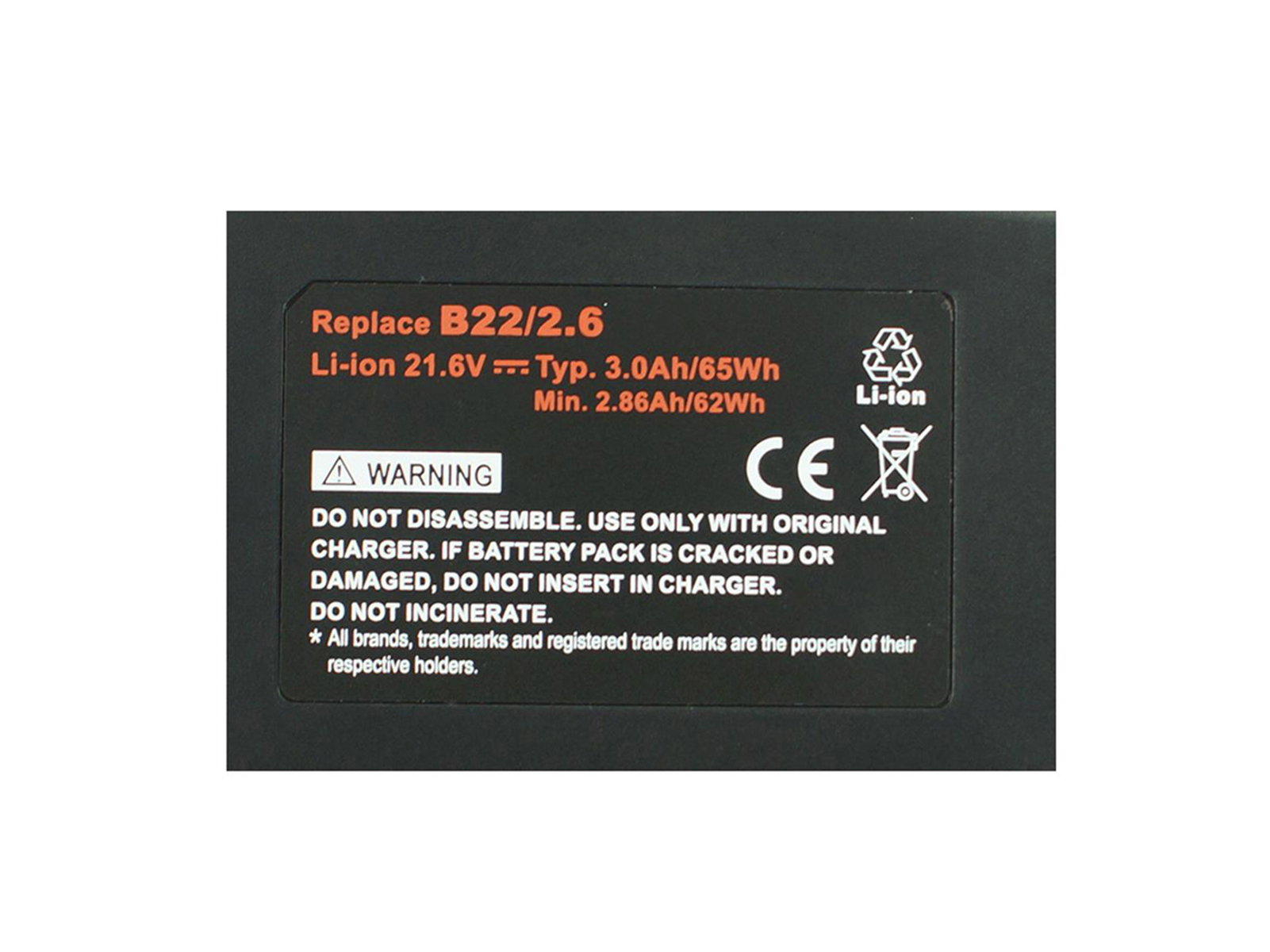 Etichetta di avvertenza con testo su una batteria agli ioni di litio. Etichetta nera su sfondo bianco.