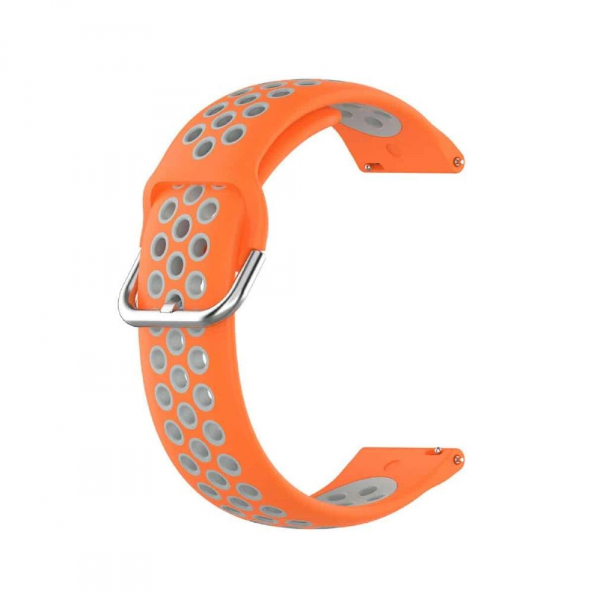 Oranges Uhrenarmband mit grauen Perforationen und einer silbernen Schnalle. Zeigt eine gebogene Form.