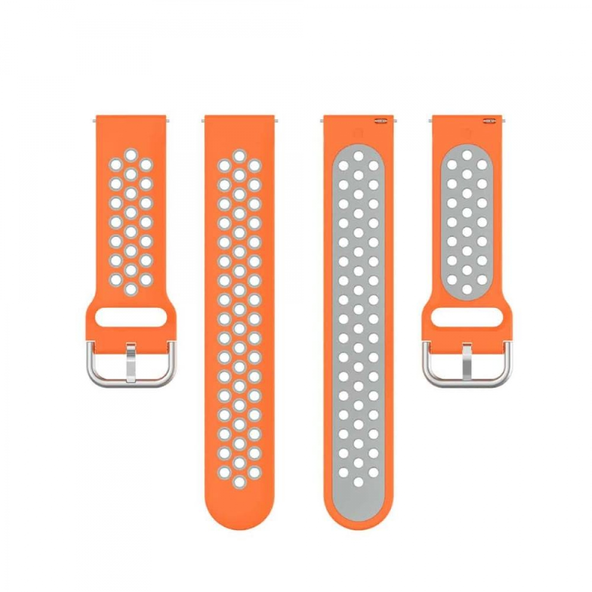 Vier orangefarbene Uhrenarmbänder mit weißen Punkten. Die Armbänder haben ein Schnallendesign. Weißer Hintergrund.