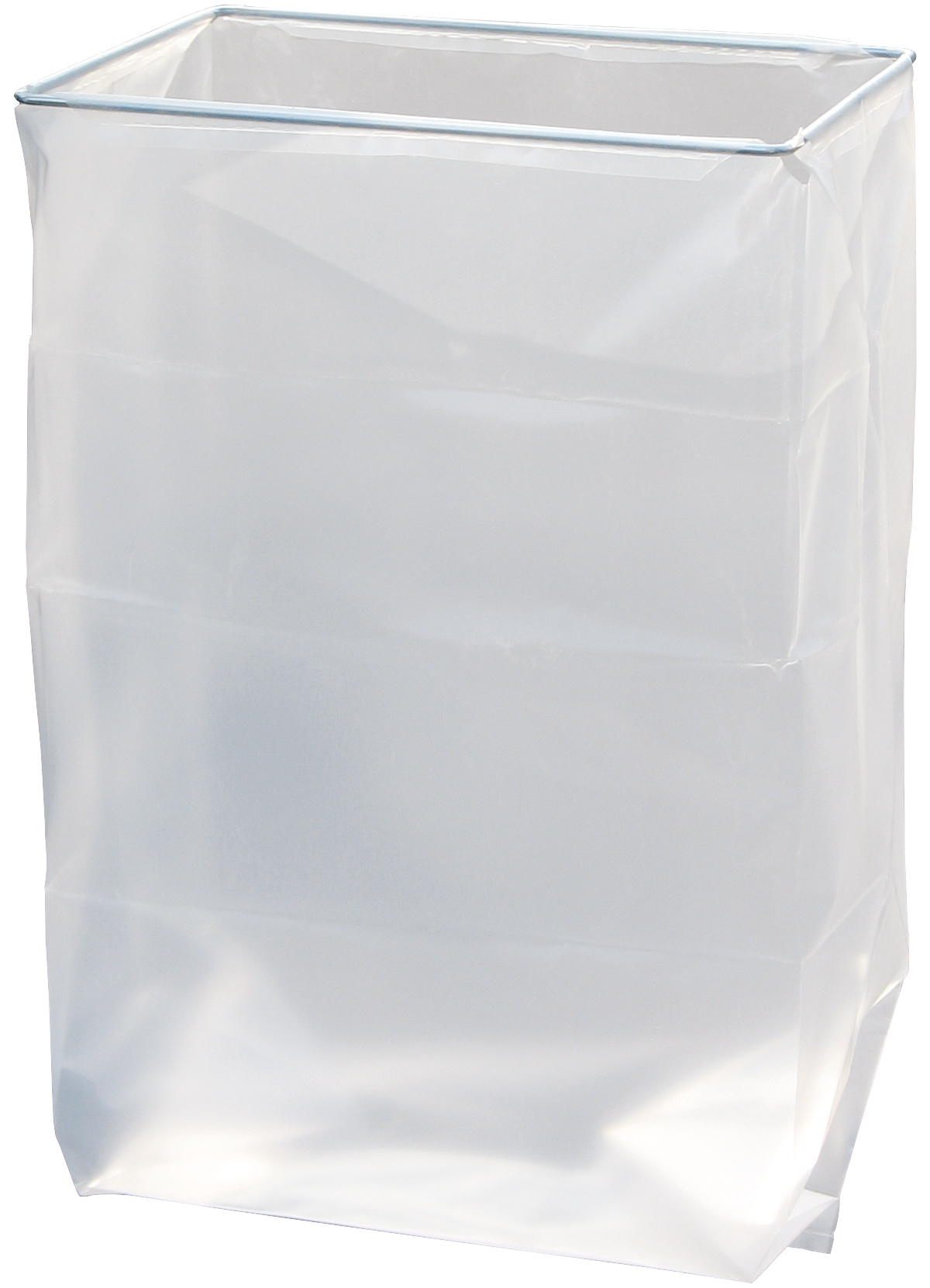 Ein transparenter Plastikmüllsack mit silbernem Rahmen wird vor weißem Hintergrund gezeigt.