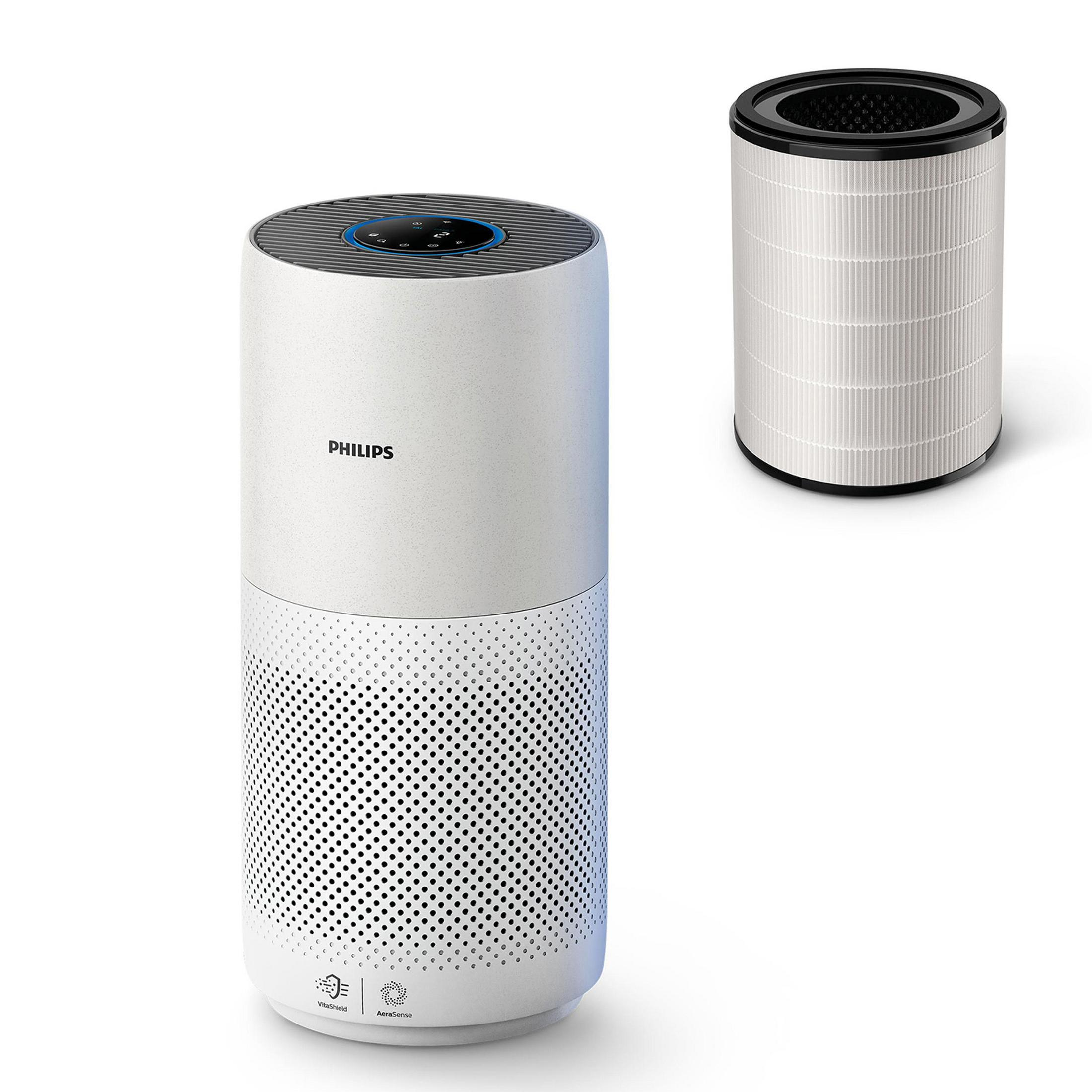 Ayrı bir filtreye sahip beyaz bir Philips hava temizleyici. Temizleyici silindirik bir şekle sahiptir.