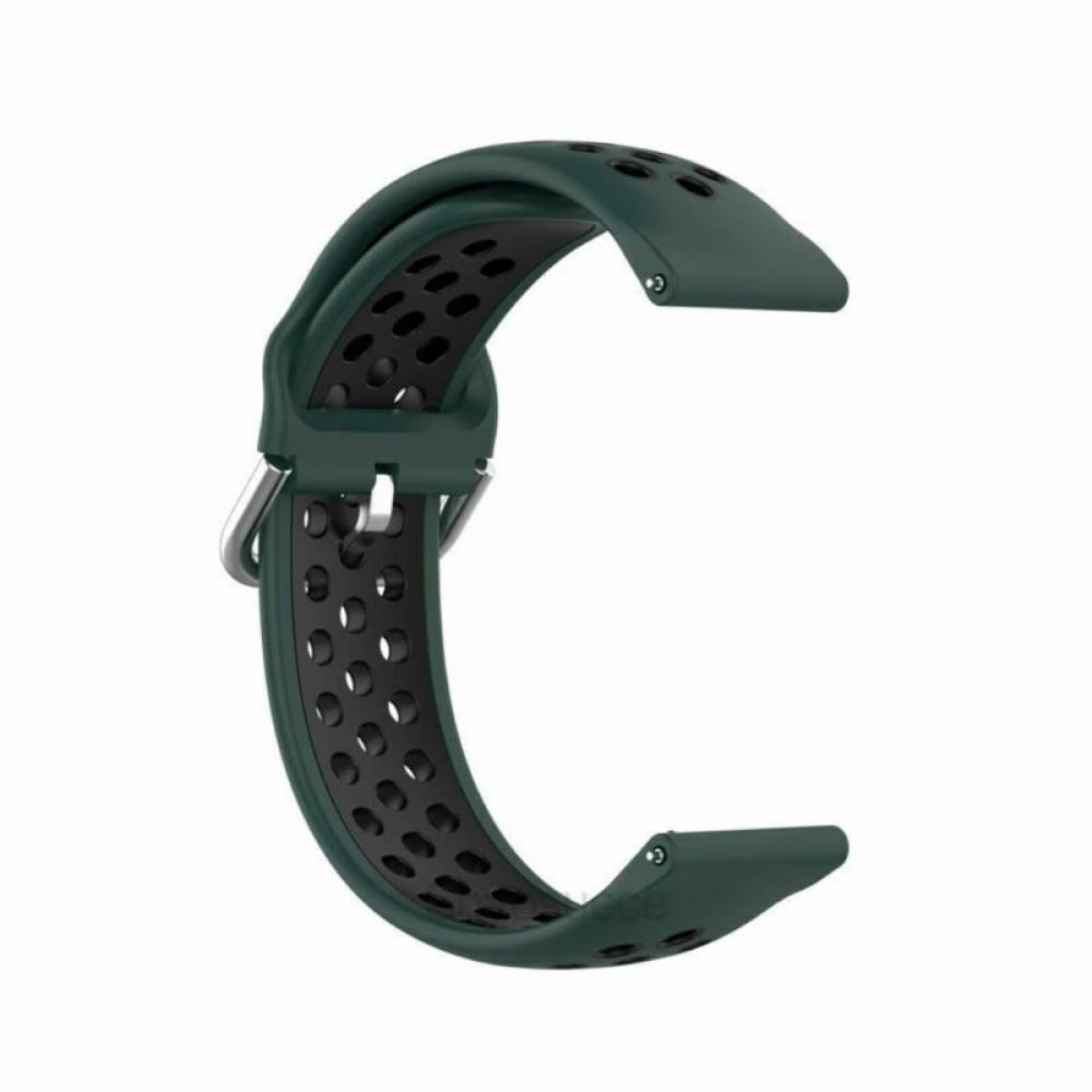 Dunkelgrünes Uhrenarmband mit schwarzem Innenfutter und silberner Schnalle, isoliert.