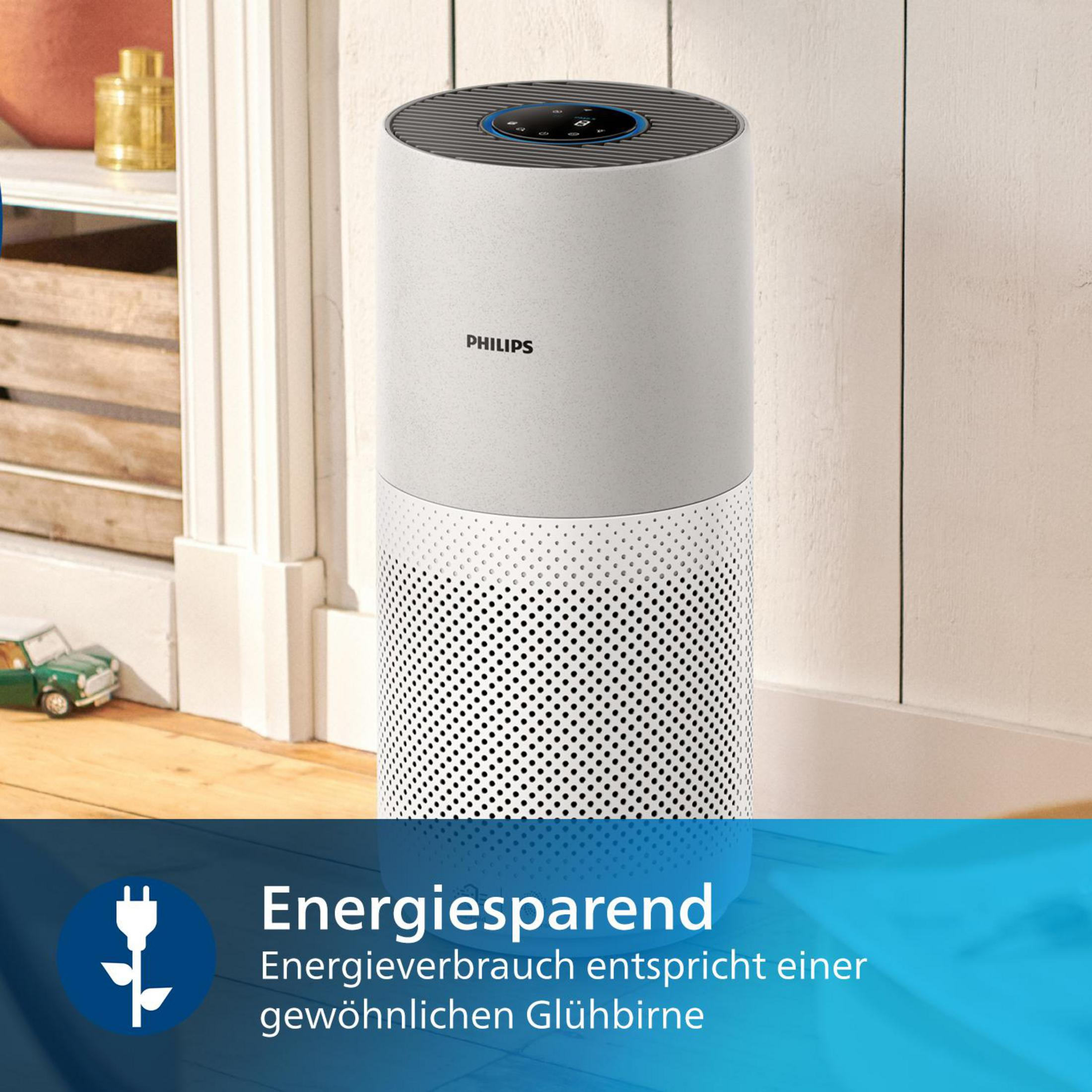 Philips logolu beyaz ve gri hava temizleyici.
