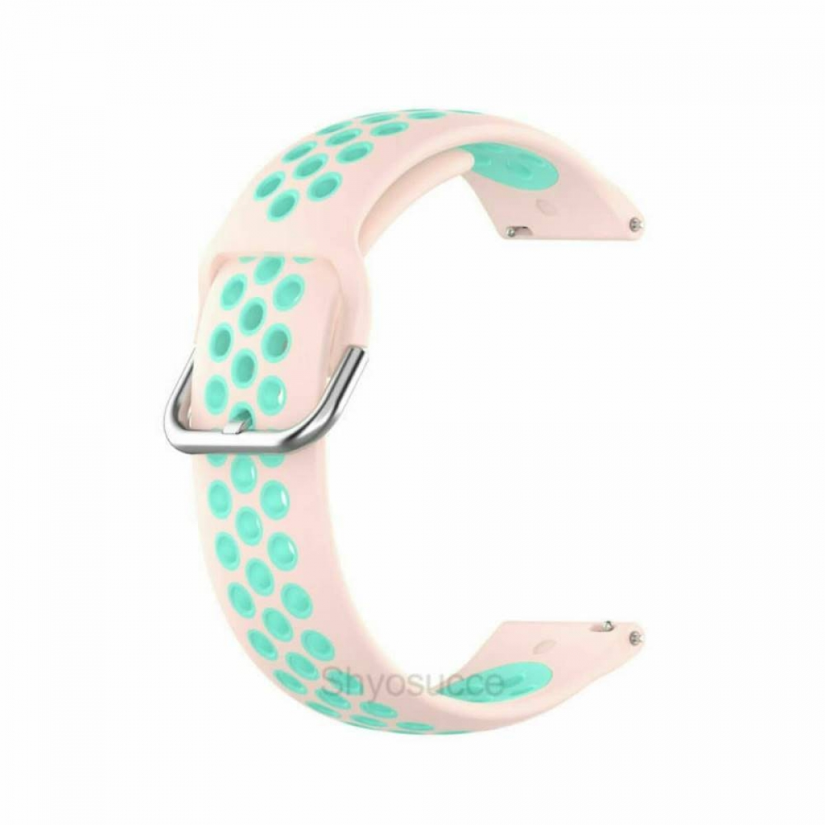 Rosa- und türkisfarbenes Uhrenarmband mit Metallschnalle.