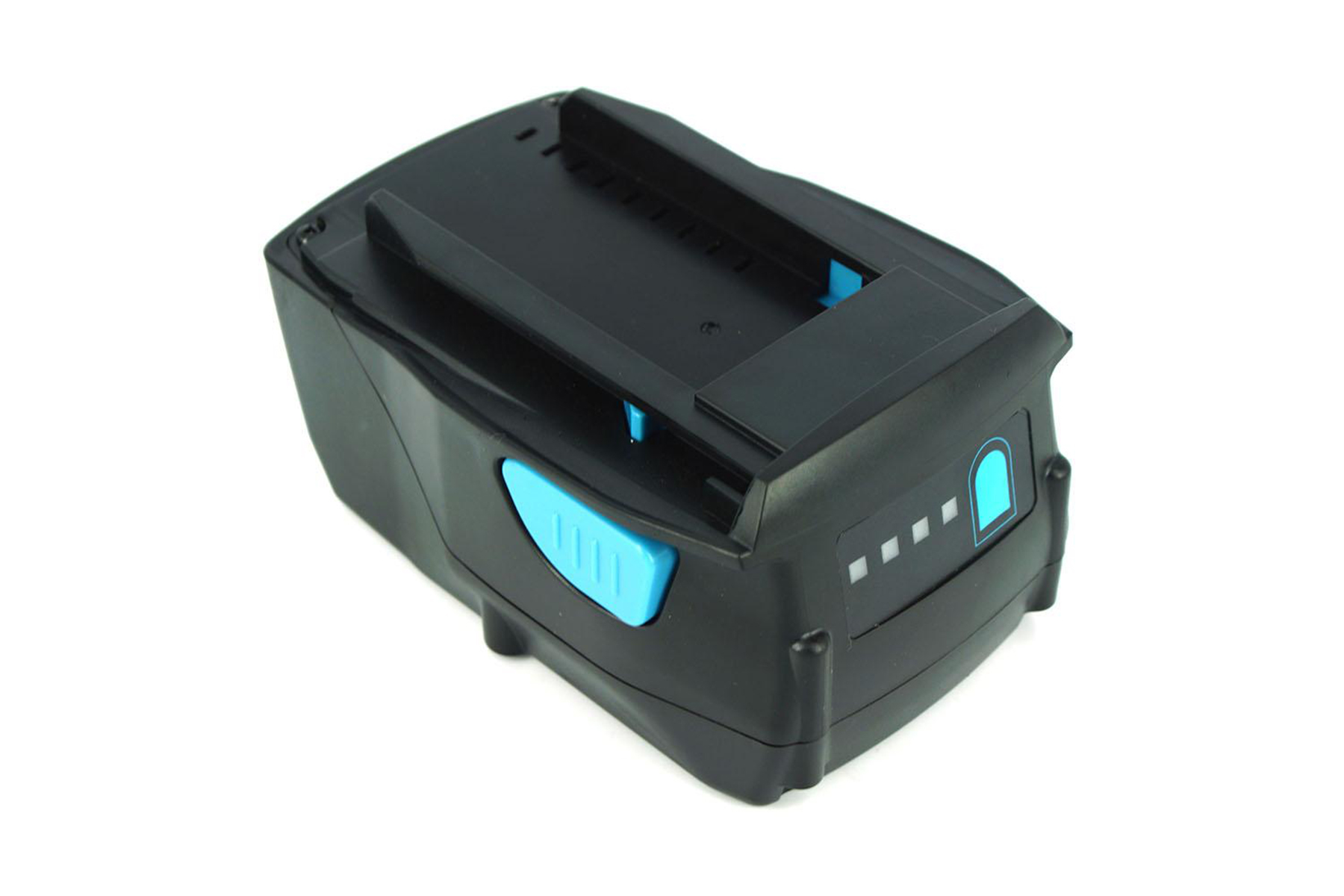 Pacco batteria nero con pulsante azzurro e indicatori LED. Sfondo bianco.