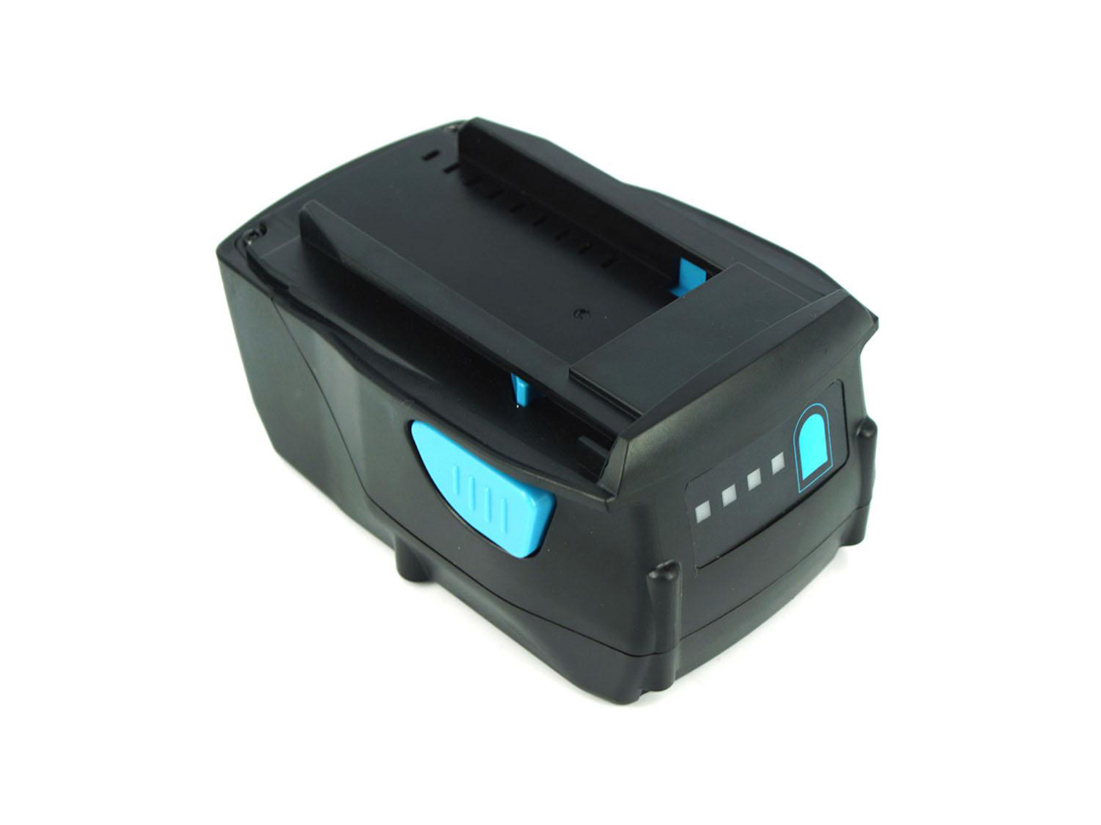 Batteria nera per trapano su superficie bianca. Pulsante blu e spie luminose.