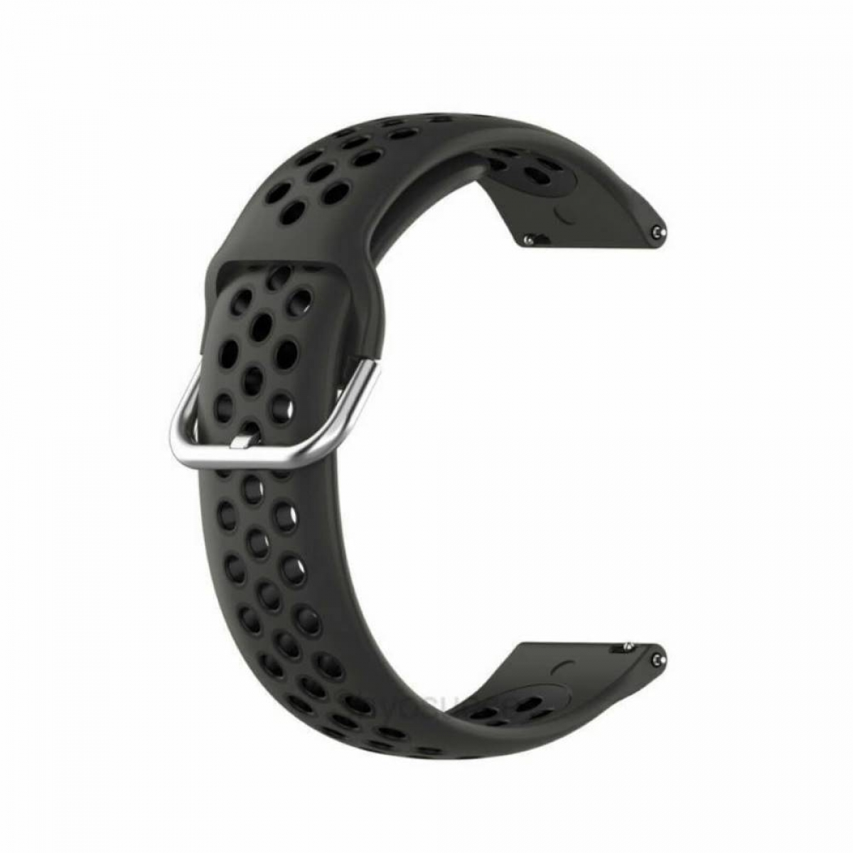 Schwarzes Uhrenarmband mit Löchern und einer silbernen Schließe, in Form des Buchstaben C.