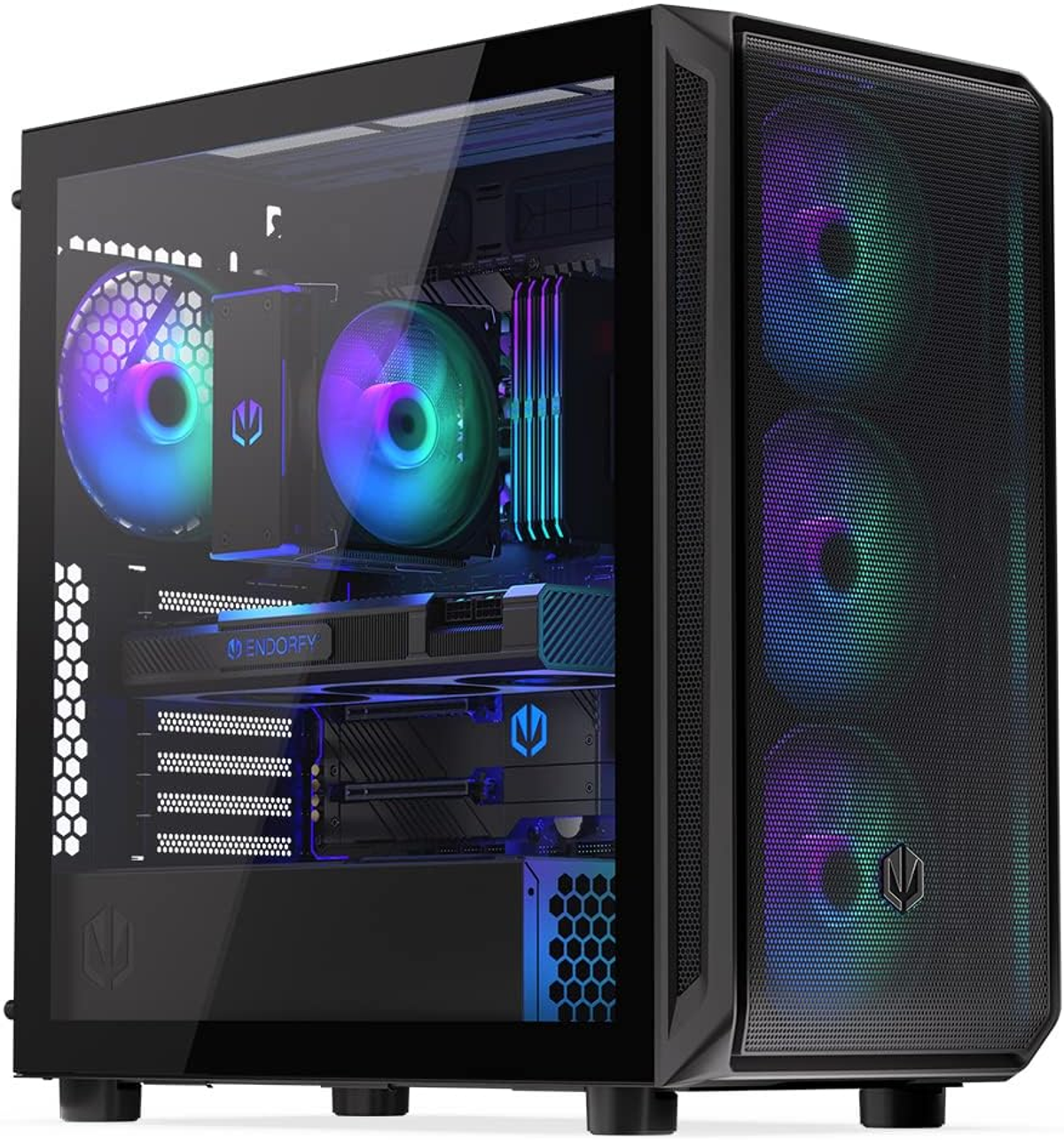 Czarna obudowa komputera ze szklanym panelem bocznym, pokazująca podzespoły z oświetleniem RGB.