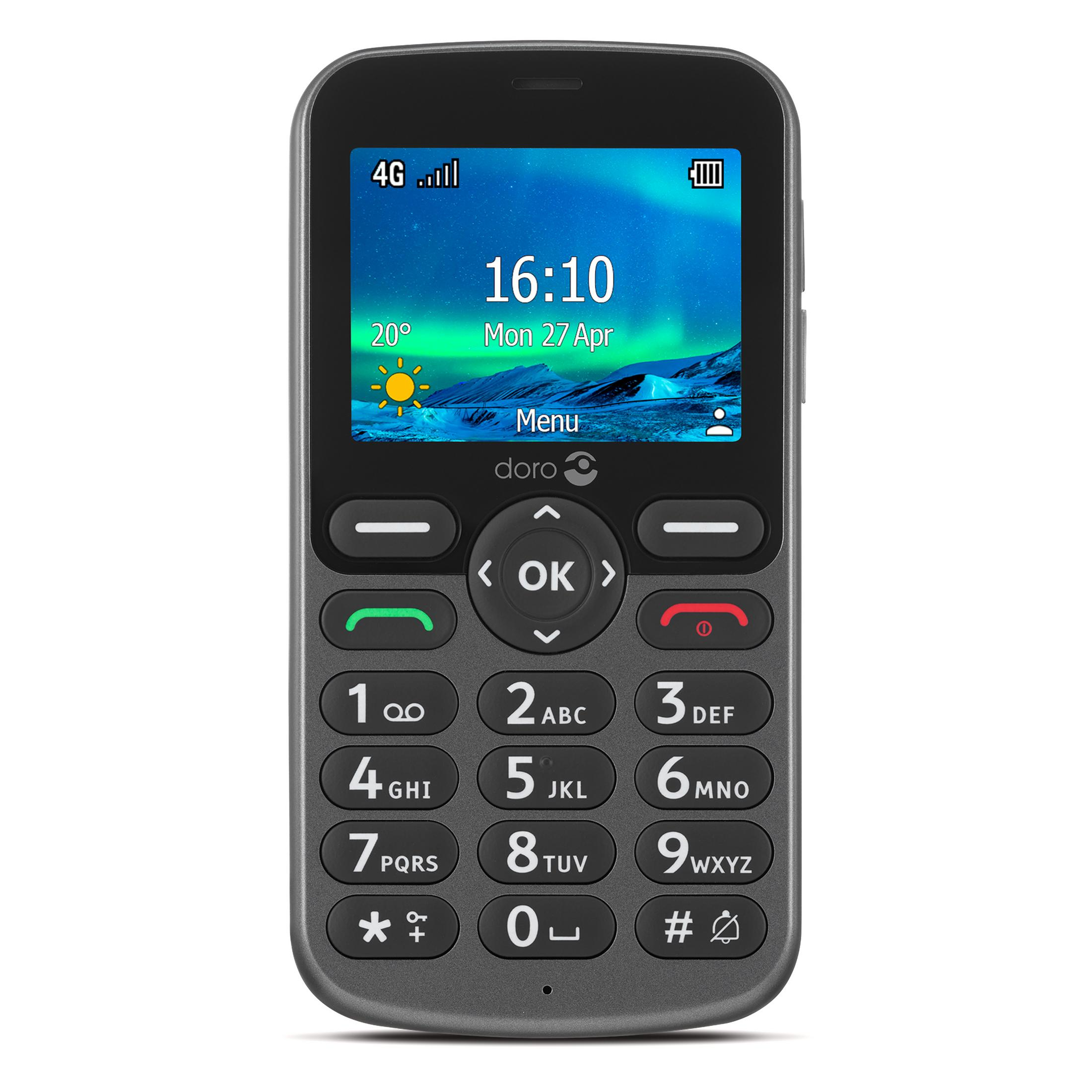 Een grijze Doro telefoon met grote knoppen, een display met tijd, datum en weer.