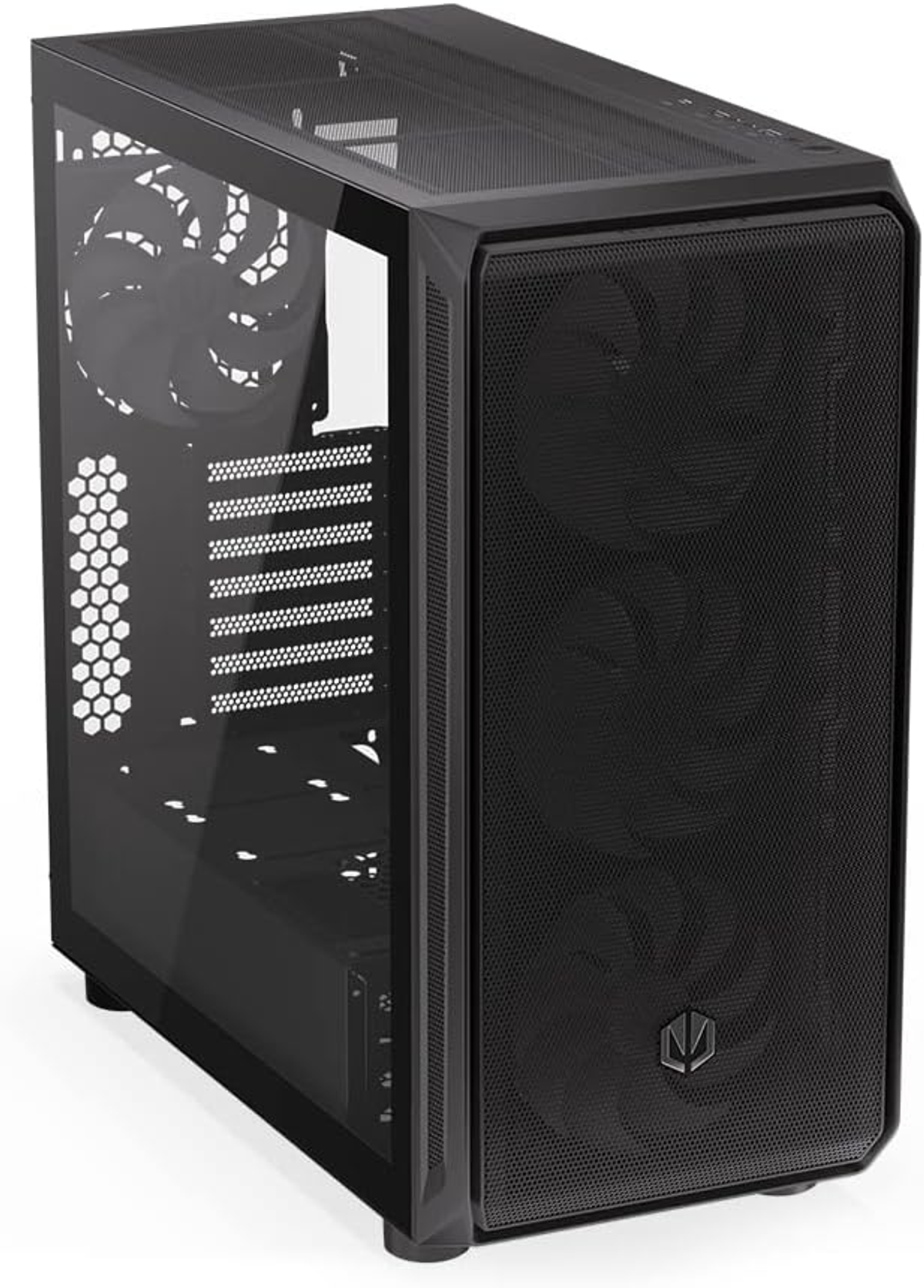Czarna obudowa komputera z bocznym panelem ze szkła. Posiada siatkowy przód i logo Ensis.